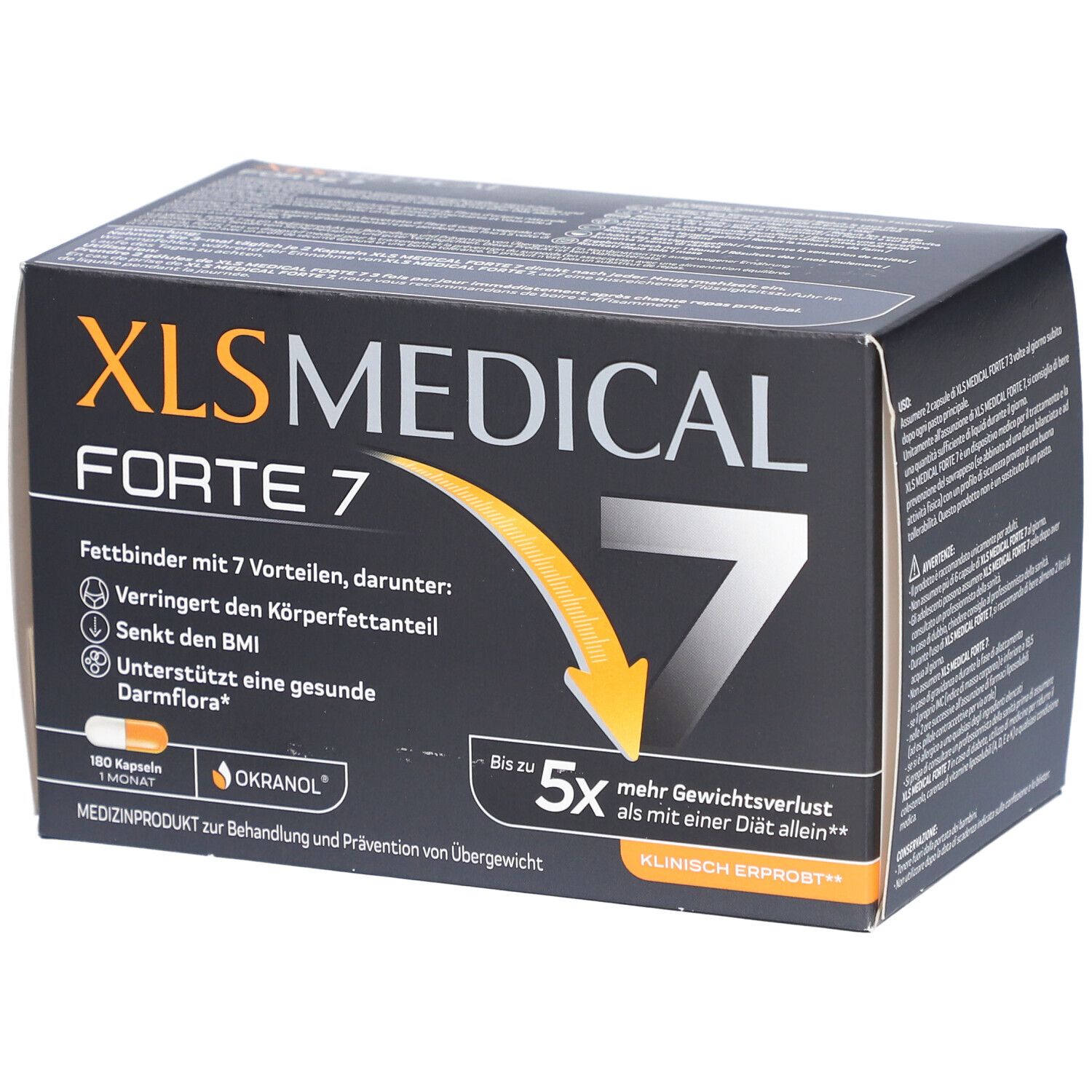 Boîte XL-S MEDICAL Forte 7. Fond noir, texte blanc. Contient 180 gélules. Cliniquement prouvé.