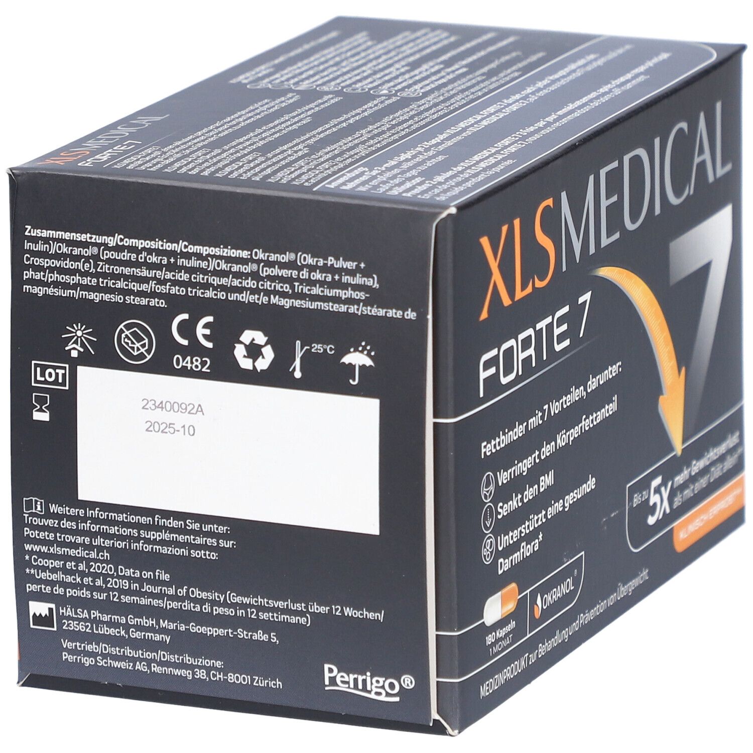 Dos de la boîte XL-S MEDICAL Forte 7. Contient ingrédients et informations. Fond noir.