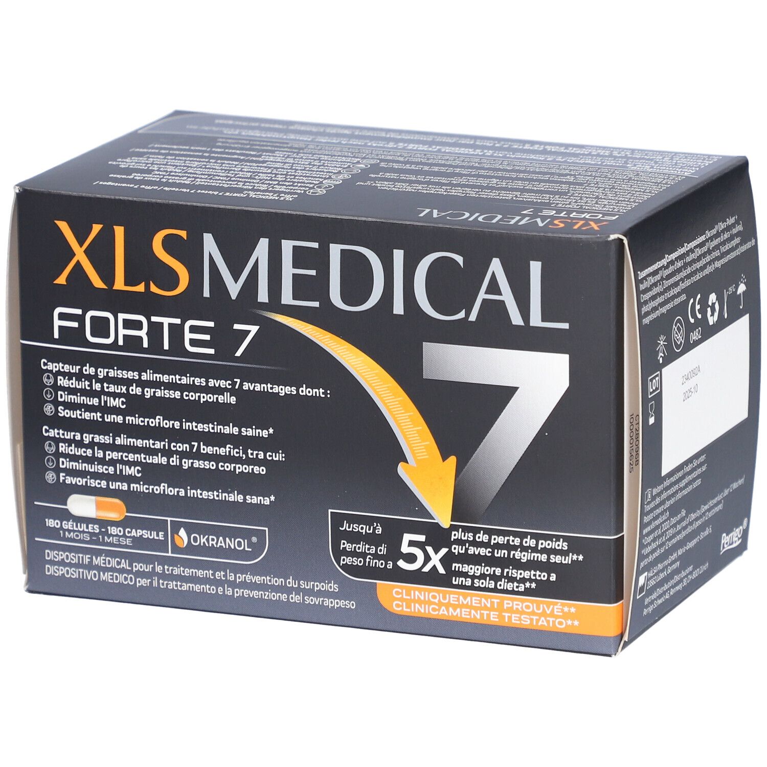 Boîte XL-S MEDICAL Forte 7. Fond noir, texte blanc. Contient 180 gélules. Cliniquement prouvé.