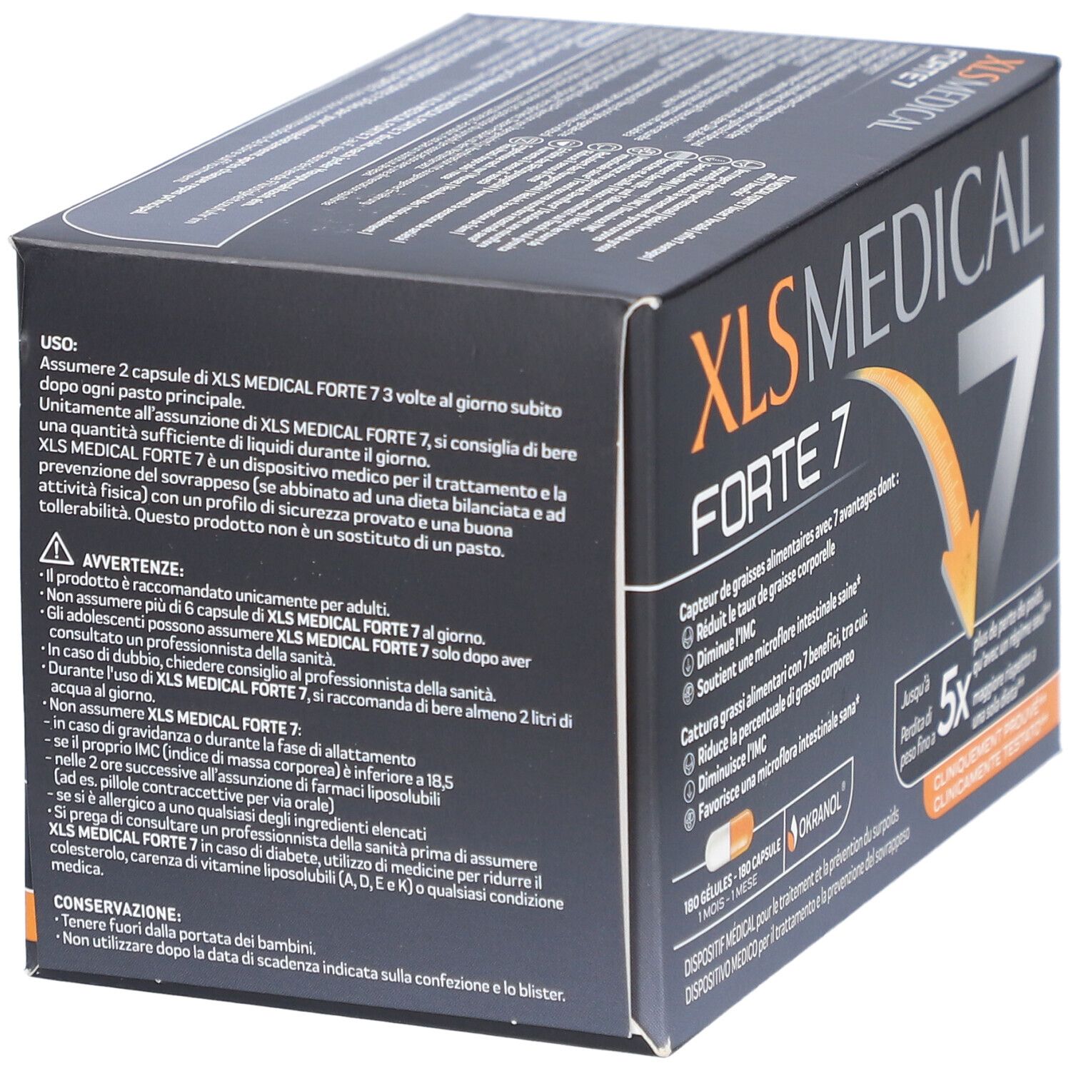 Boîte XL-S MEDICAL Forte 7. Fond noir, texte blanc. Contient 180 gélules. Cliniquement prouvé.