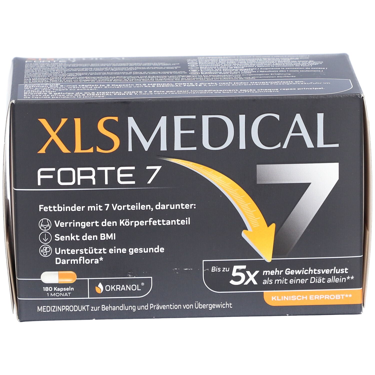 Boîte XL-S MEDICAL Forte 7. Fond noir, texte blanc. Contient 180 gélules. Cliniquement prouvé.