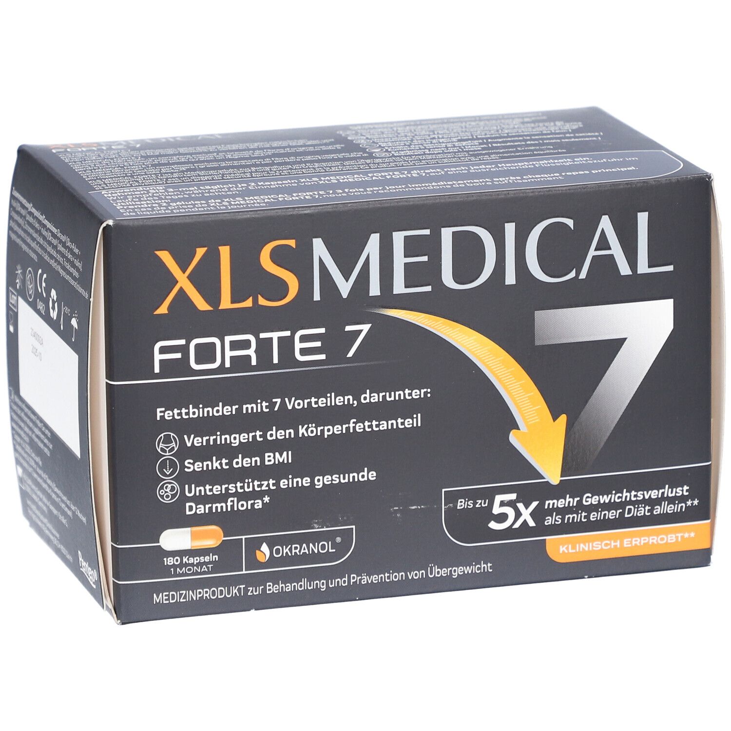 Boîte XL-S MEDICAL Forte 7. Fond noir, texte blanc. Contient 180 gélules. Cliniquement prouvé.