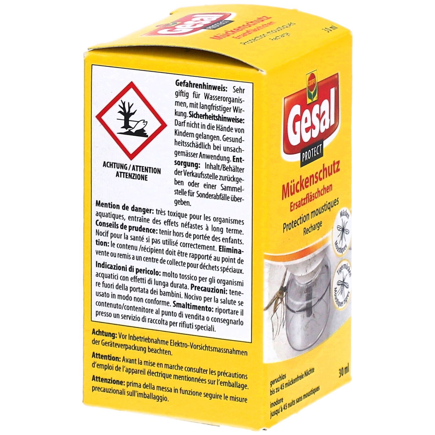 Gelbe Schachtel mit Warnhinweisen und Produktinformationen. Text in Deutsch, Französisch und Italienisch. Gefahrensymbol.