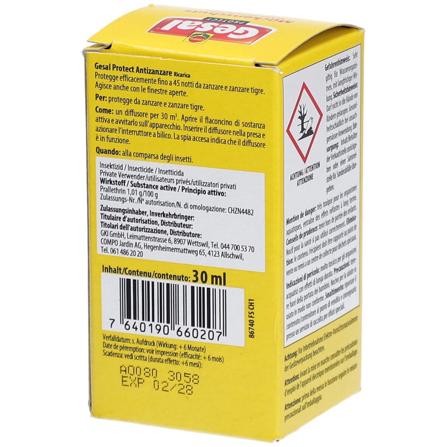 Gelbe Schachtel, Rückseite mit Produktinformationen und Barcode. Text in Deutsch und Italienisch. 30 ml.