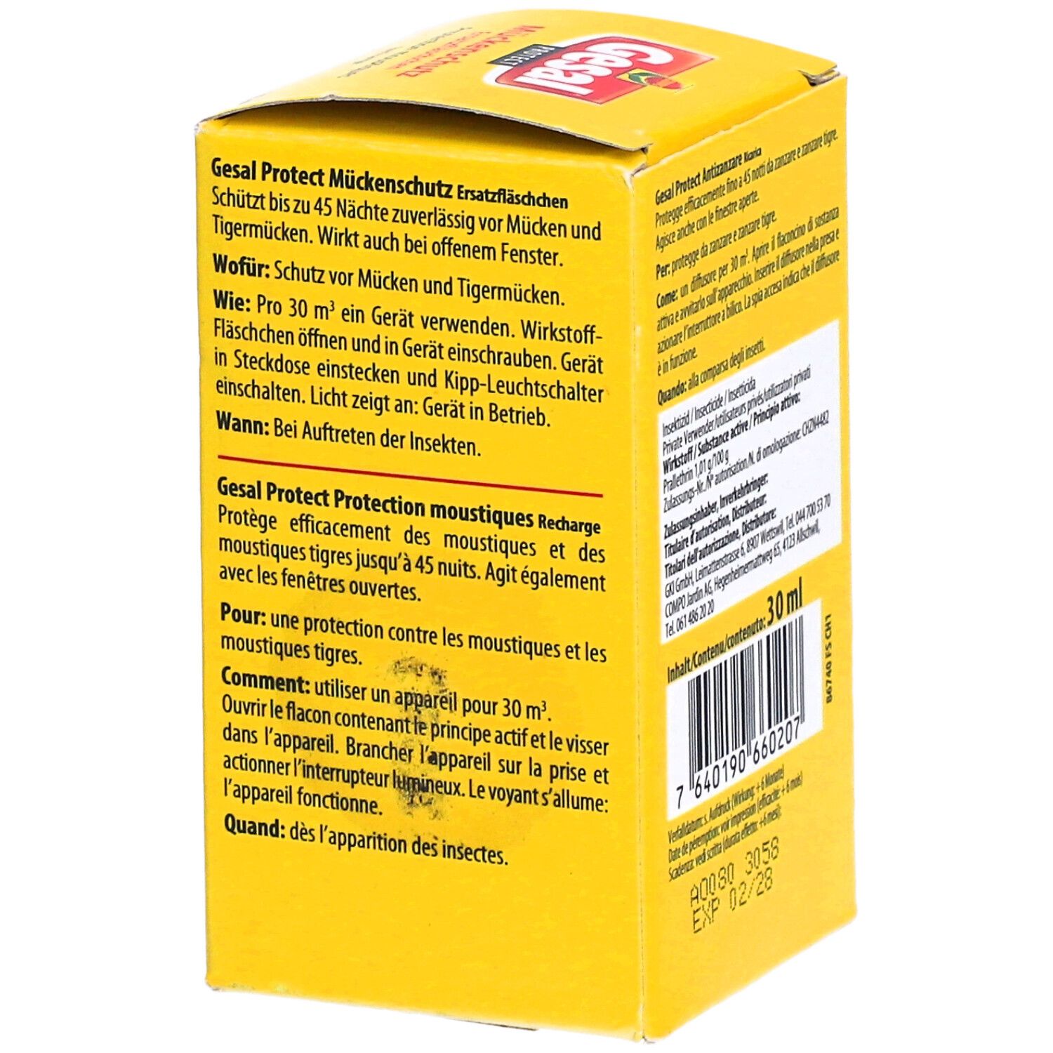 Gelbe Schachtel mit Produktinformationen. Text in Deutsch und Französisch. 30 ml. Beschreibung zur Anwendung.