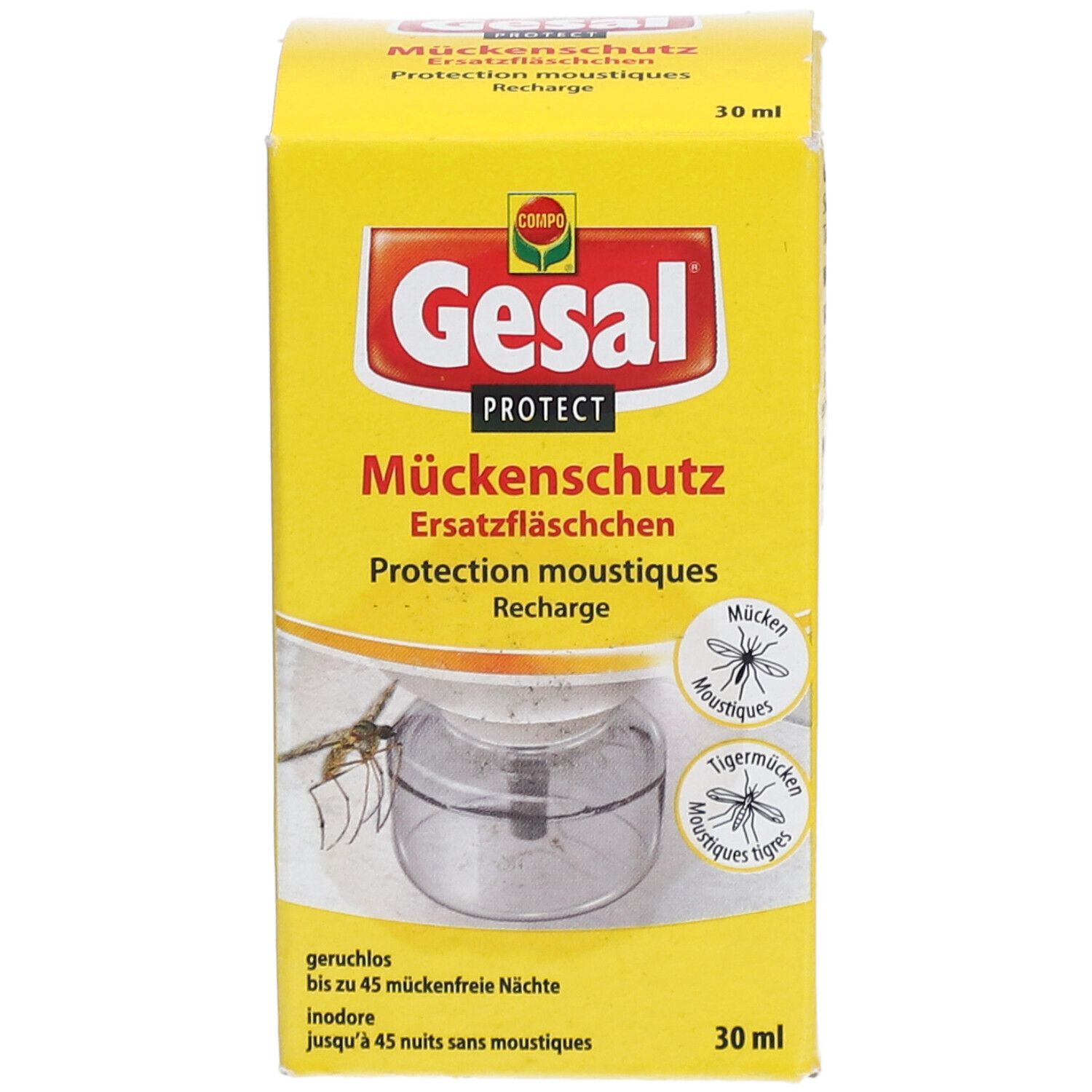 Gelbe Schachtel mit Produktnamen und Abbildung eines Ersatzfläschchens. Text in Deutsch und Französisch. 30 ml.