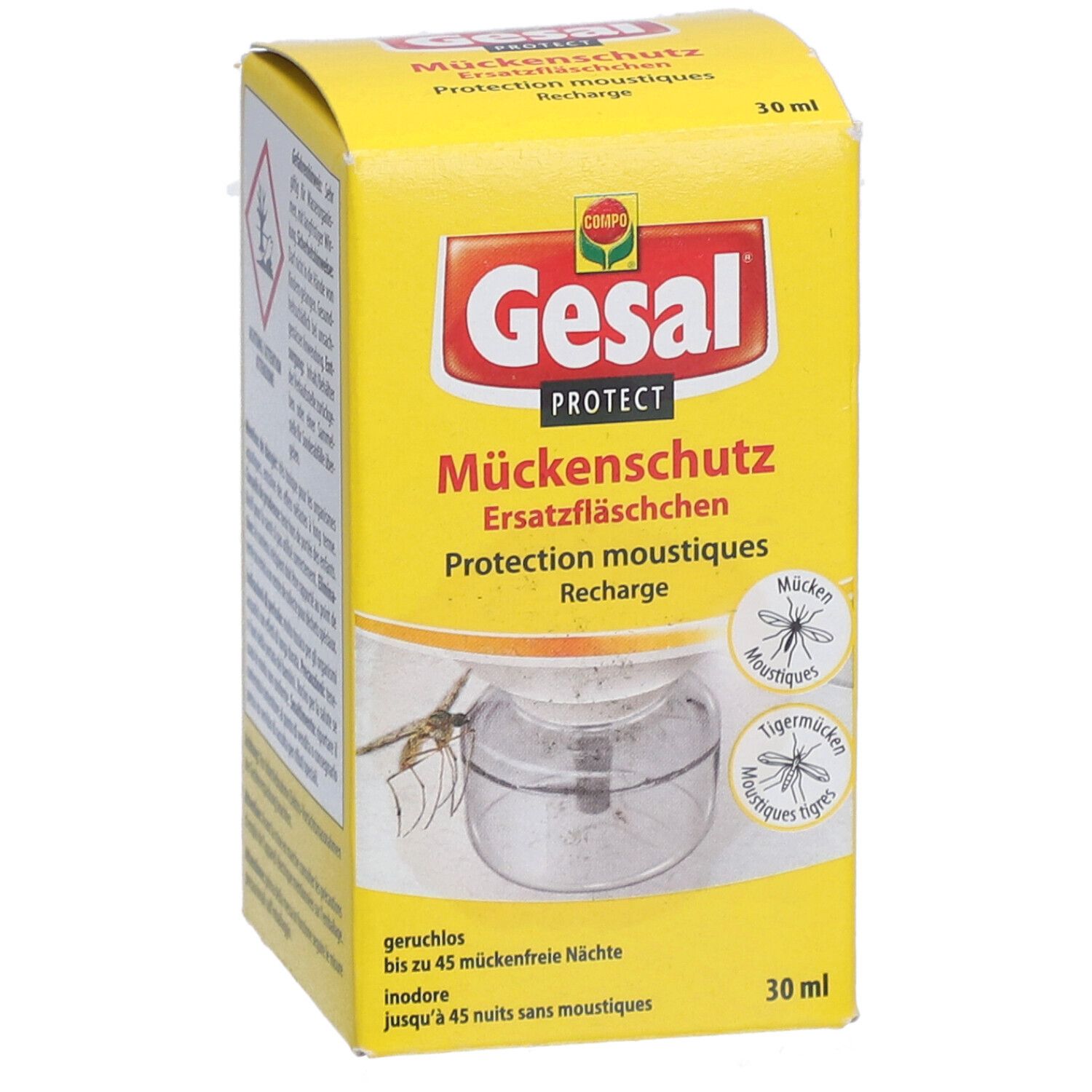 Gelbe Schachtel mit Produktnamen und Abbildung eines Ersatzfläschchens. Text in Deutsch und Französisch. 30 ml.