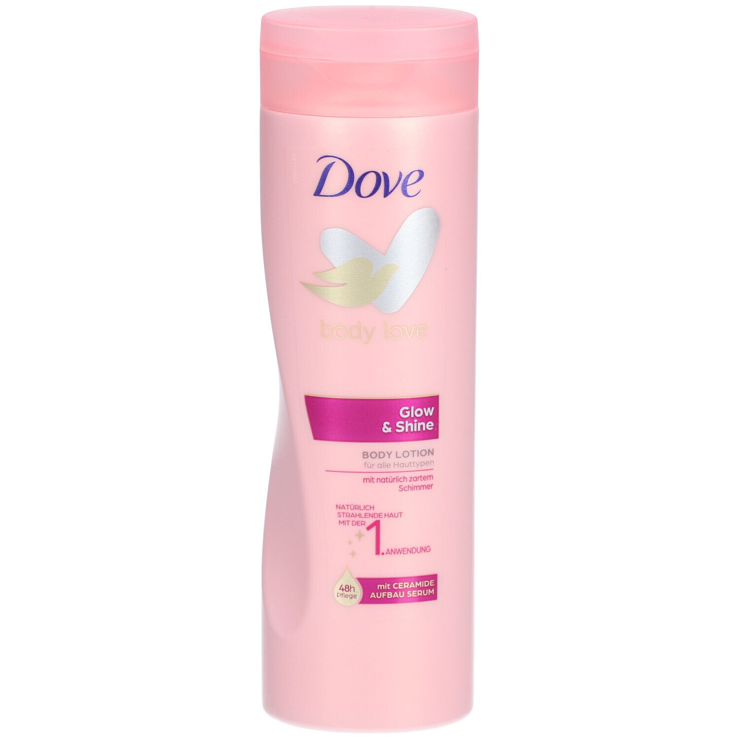 Rosa Körperlotion-Flasche mit Klappdeckel. Dove-Logo und Schriftzug 'Glow & Shine' auf der Vorderseite.