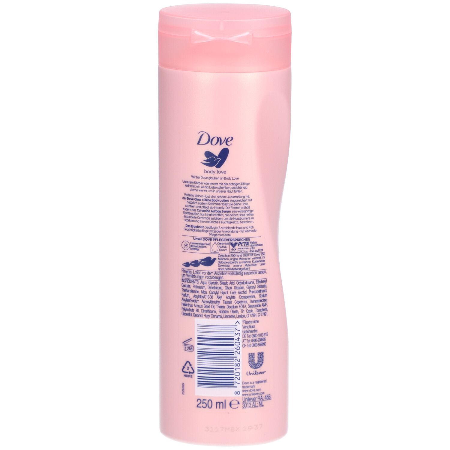 Rückseite einer rosa Körperlotion-Flasche. Dove-Logo, Text und Barcode sichtbar. Volumen: 250 ml.