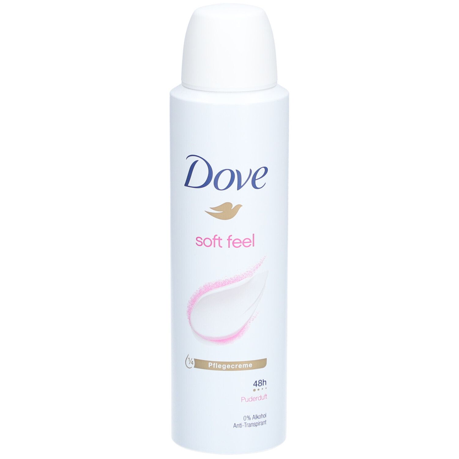 Spray Dove. Bouteille blanche avec bouchon blanc. Logo Dove et texte "soft feel".