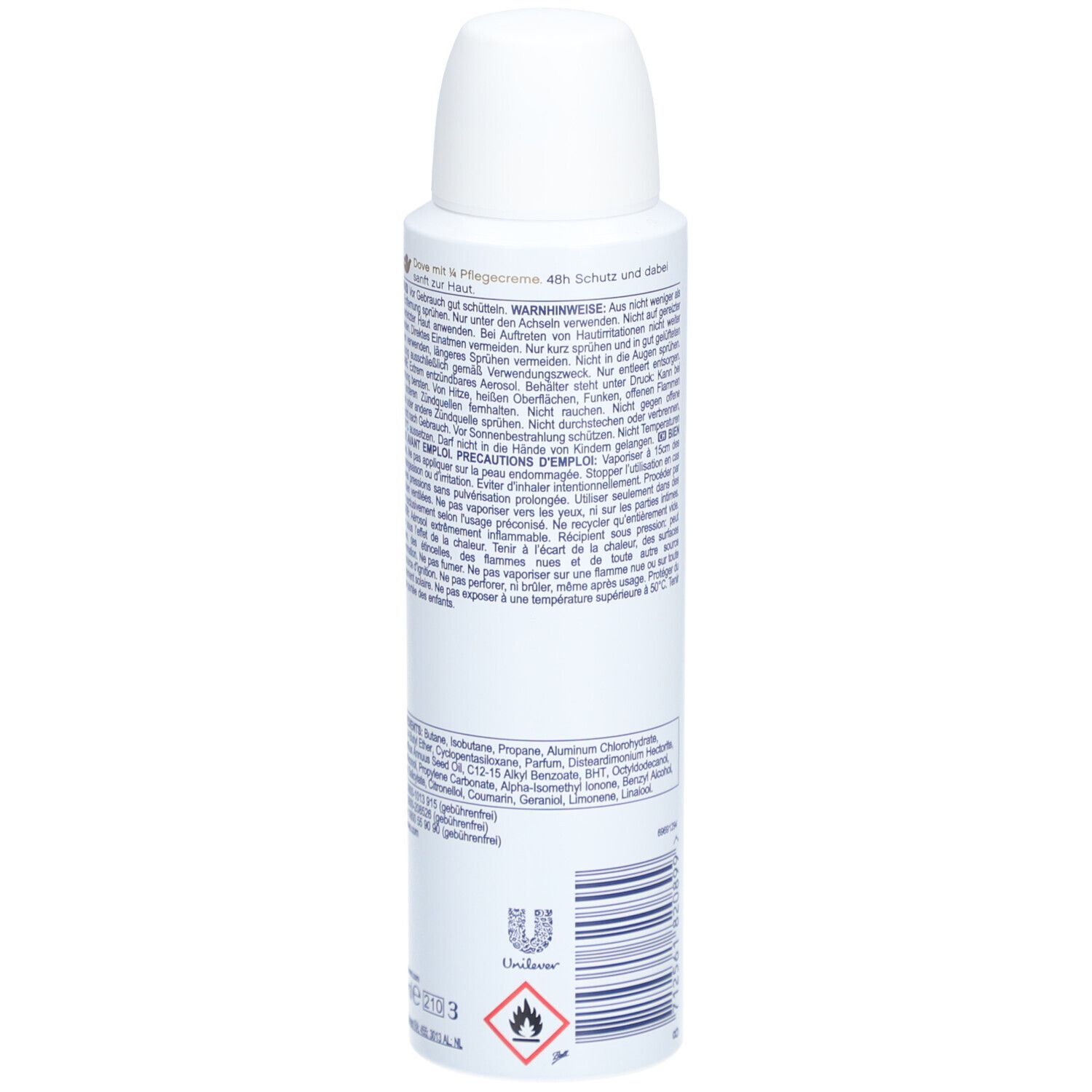 Dos du spray Dove. Texte en allemand et français. Avertissements.