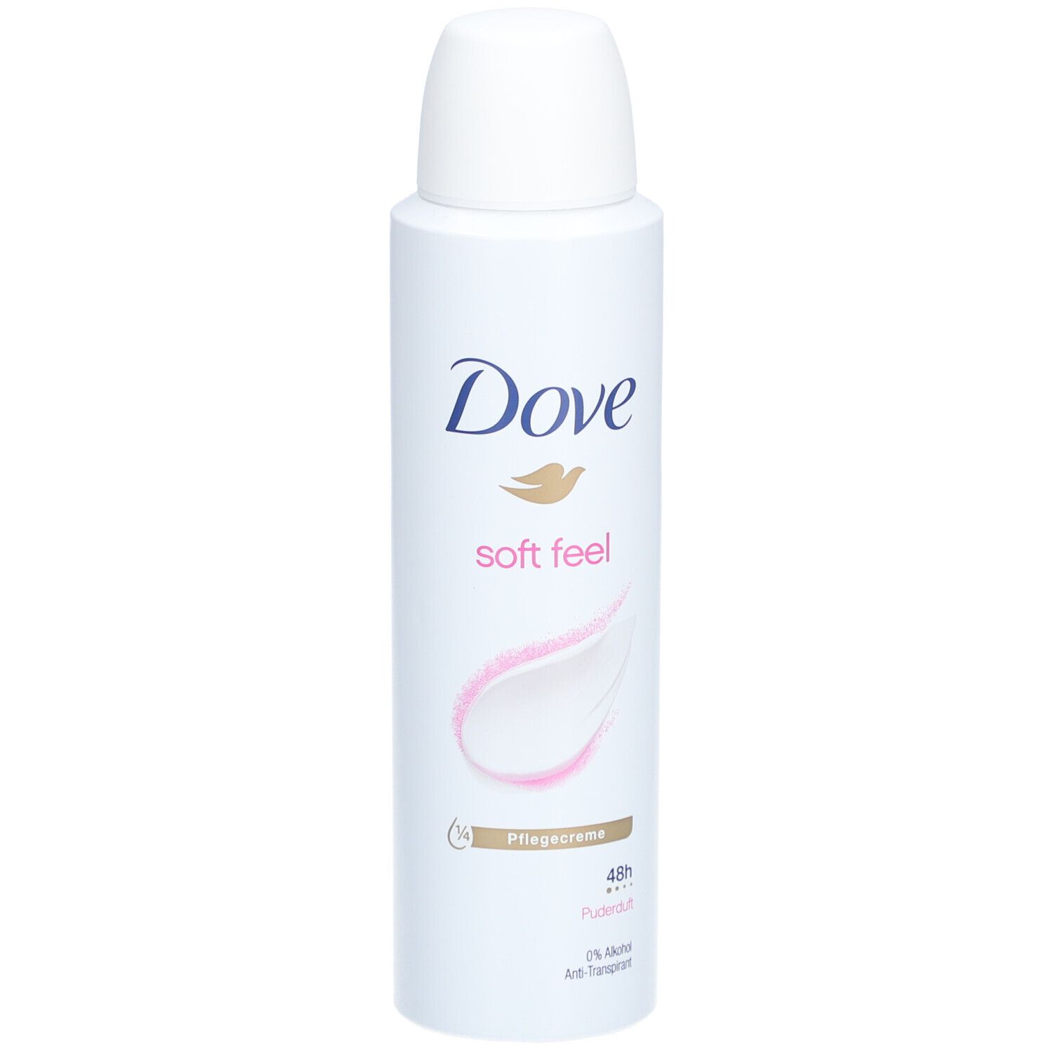 Spray Dove. Bouteille blanche avec bouchon blanc. Logo Dove et texte "soft feel".