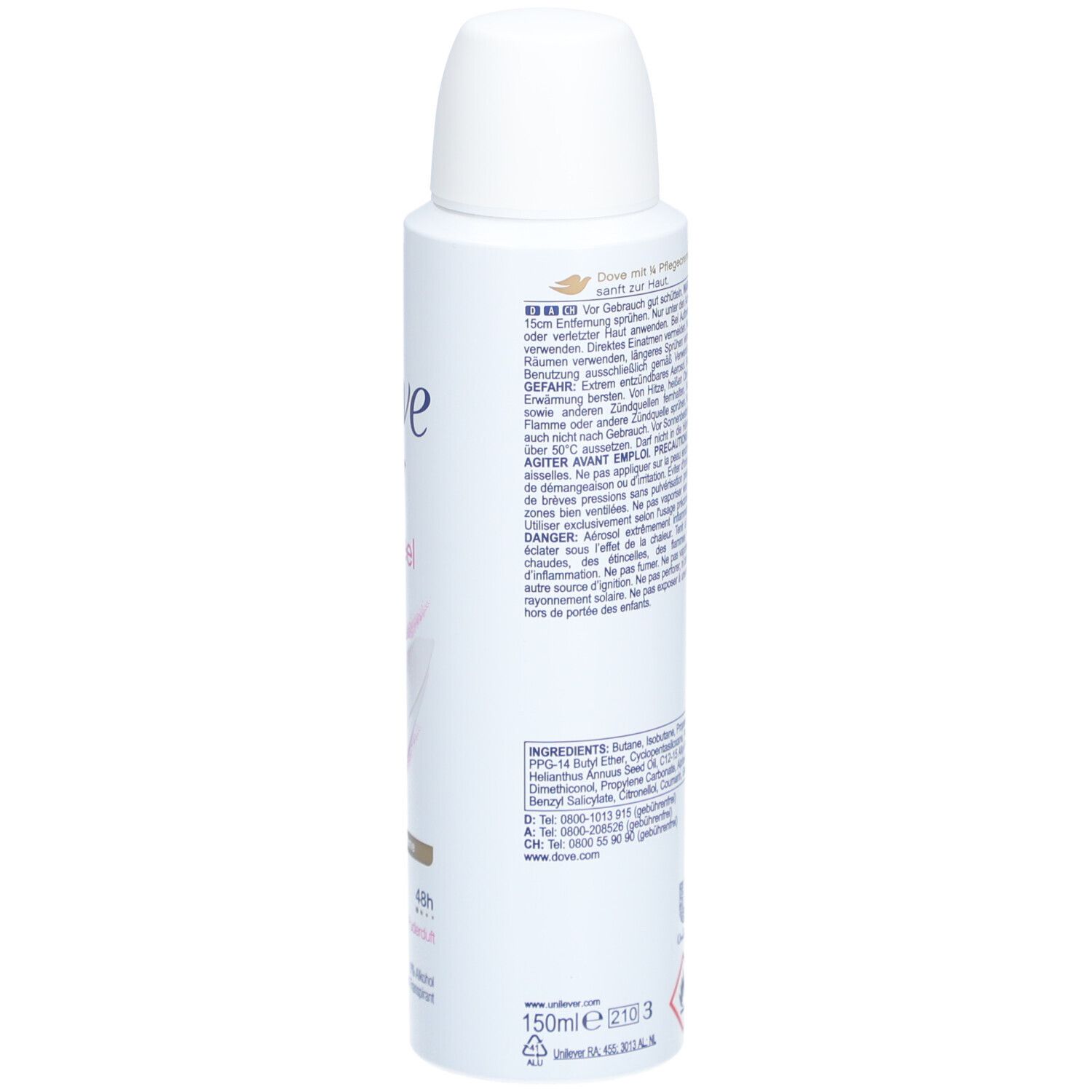 Dos du spray Dove. Texte en allemand et anglais. Ingrédients.