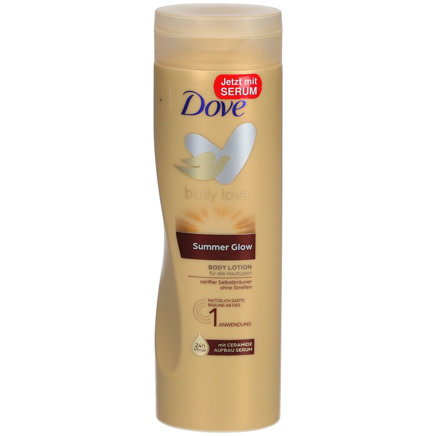 Beige Dove Body Lotion Flasche. "Summer Glow" und "mit Ceramide Aufbau Serum" Text. Transparenter Deckel.