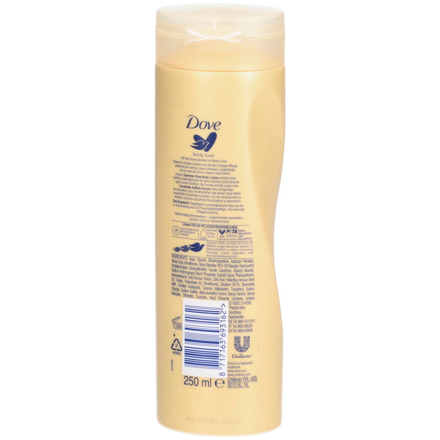 Rückseite der Dove Body Lotion Flasche. Beige Flasche mit Text und Barcode. Transparenter Deckel.