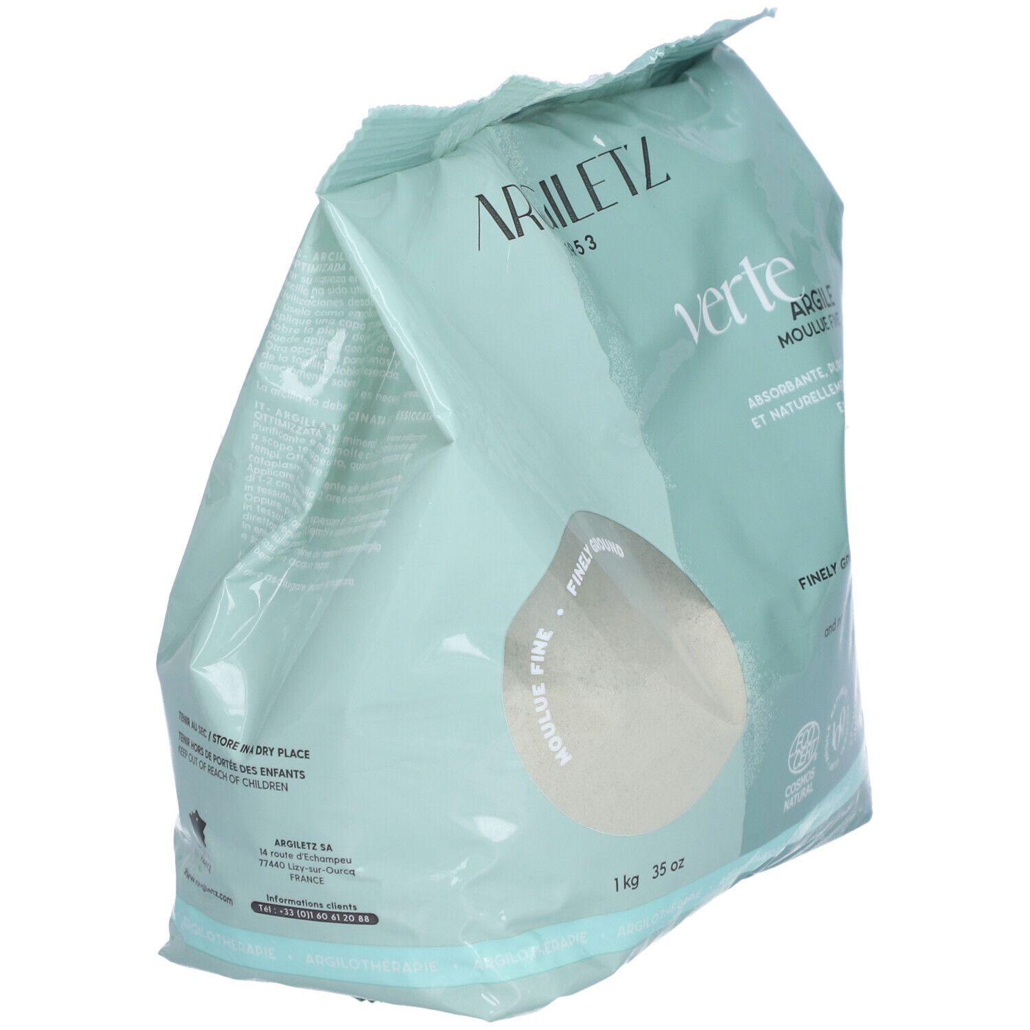 Sachet de poudre d'argile verte Argiletz. Inscription: Argile verte, moulu fine. 1 kg, 35 oz. Certification COSMOS NATURAL.