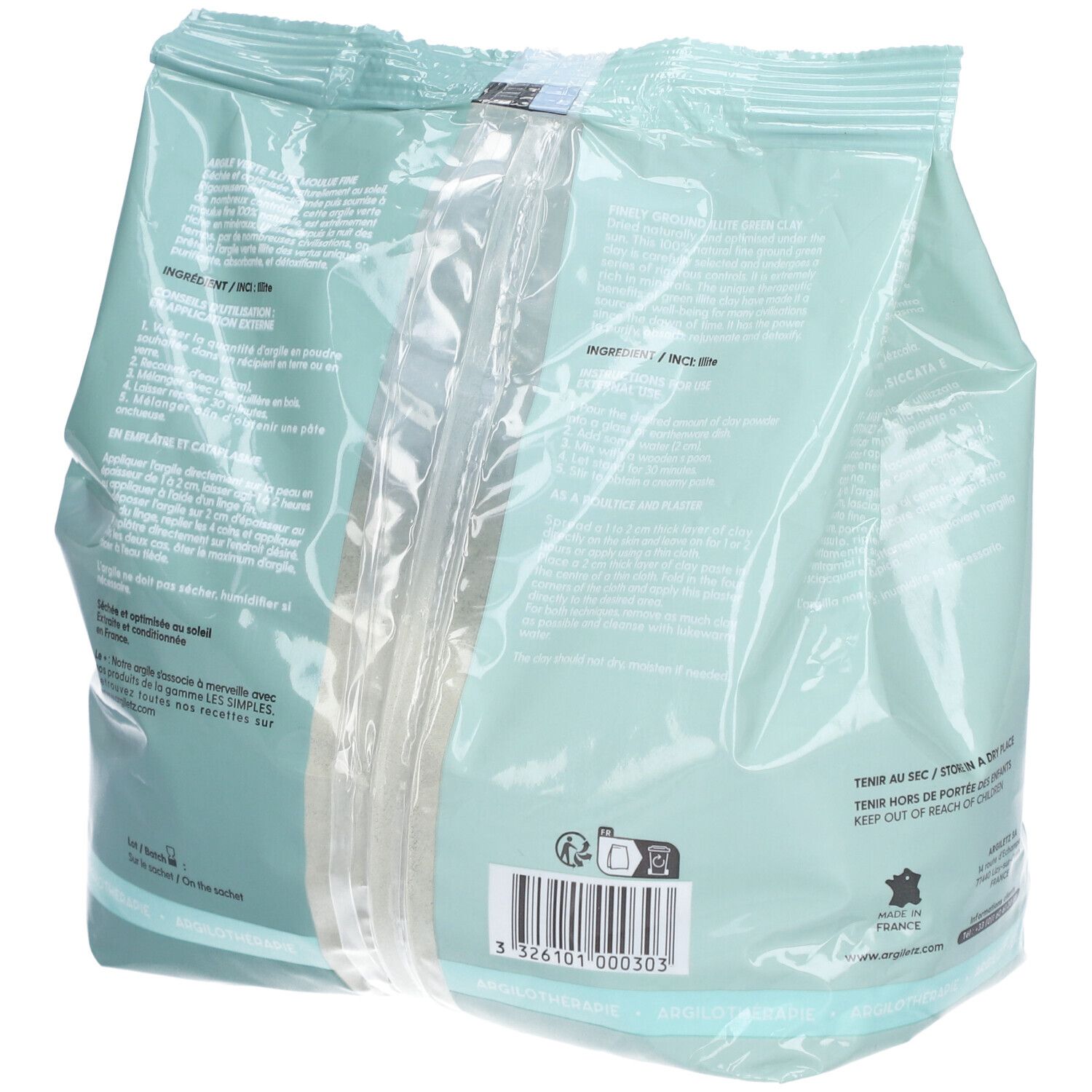 Dos du sachet de poudre d'argile verte Argiletz. Texte et code-barres. Fabriqué en France. Conseils de stockage.