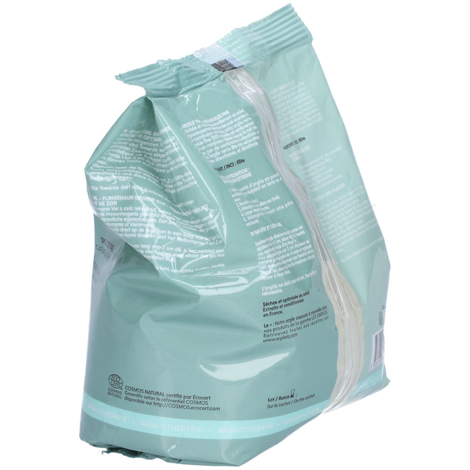 Sachet de poudre d'argile verte Argiletz. Inscription: Argile verte, moulu fine. Certification COSMOS NATURAL. Conseils d'utilisation.