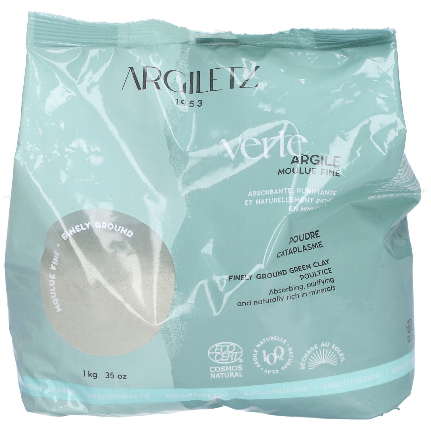 Sachet de poudre d'argile verte Argiletz. Inscription: Argile verte, moulu fine. 1 kg, 35 oz. Certification COSMOS NATURAL.