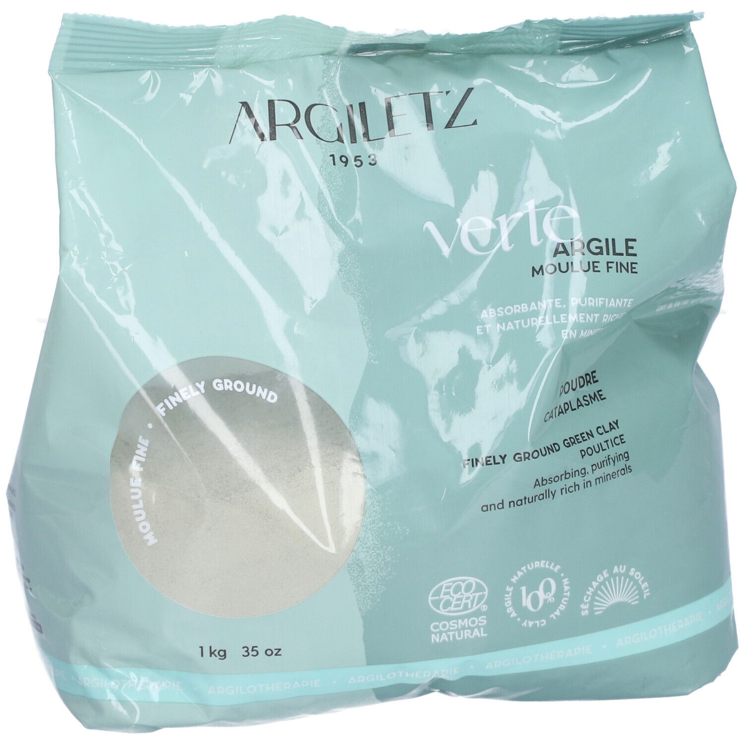 Sachet de poudre d'argile verte Argiletz. Inscription: Argile verte, moulu fine. 1 kg, 35 oz. Certification COSMOS NATURAL.