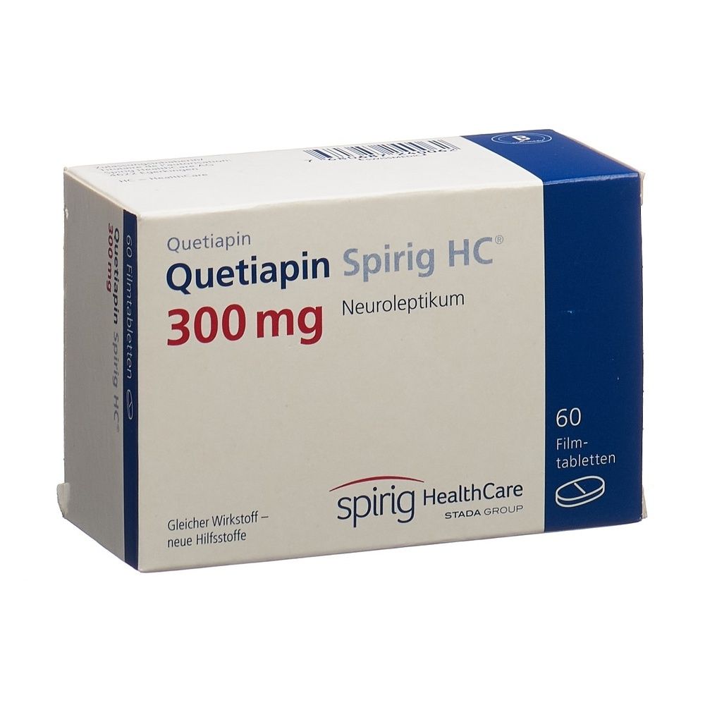 Schachtel mit Quetiapin Spirig HC Filmtabletten. Aufschrift: 300 mg, Neuroleptikum, 60 Filmtabletten. Marke: Spirig HealthCare.