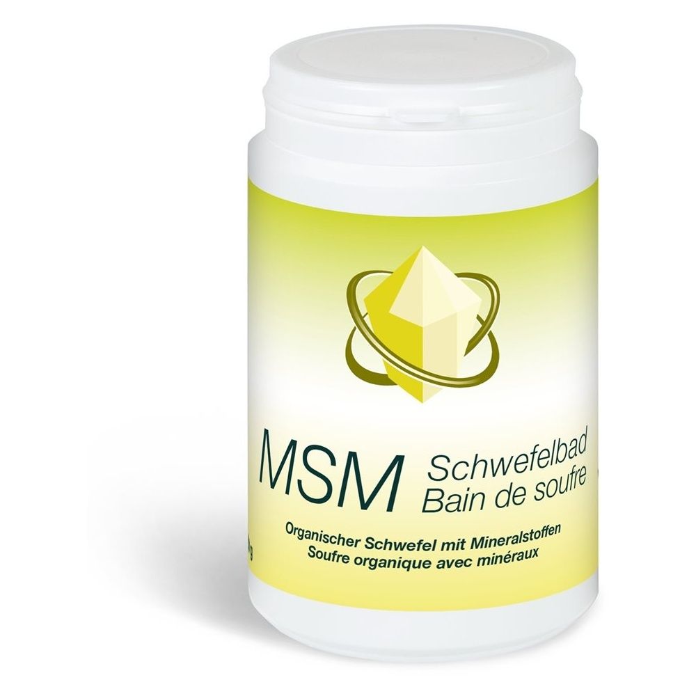 Weiße Dose mit gelbem Etikett. Aufschrift: MSM Schwefelbad. Logo mit gelbem Diamanten. Organischer Schwefel mit Mineralstoffen.