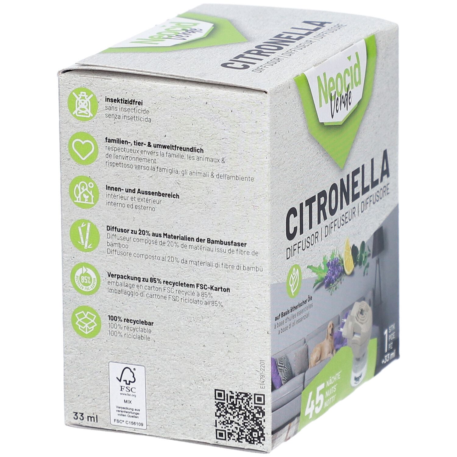Verpackung von NEOCID VERDE Citronella Diffusor. Seitenansicht. Text: Citronella, 33 ml, FSC-Recycling-Zertifizierung.