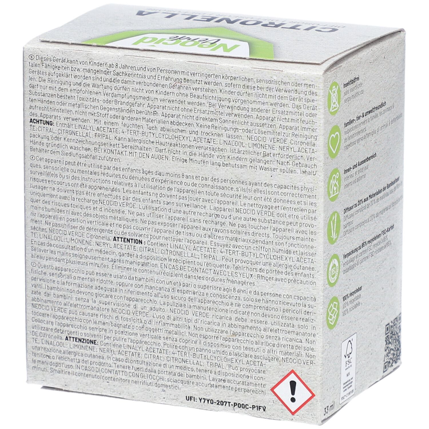 Rückseite der Verpackung von NEOCID VERDE Citronella Diffusor. Text und Warnhinweise. FSC-Logo und 33 ml.