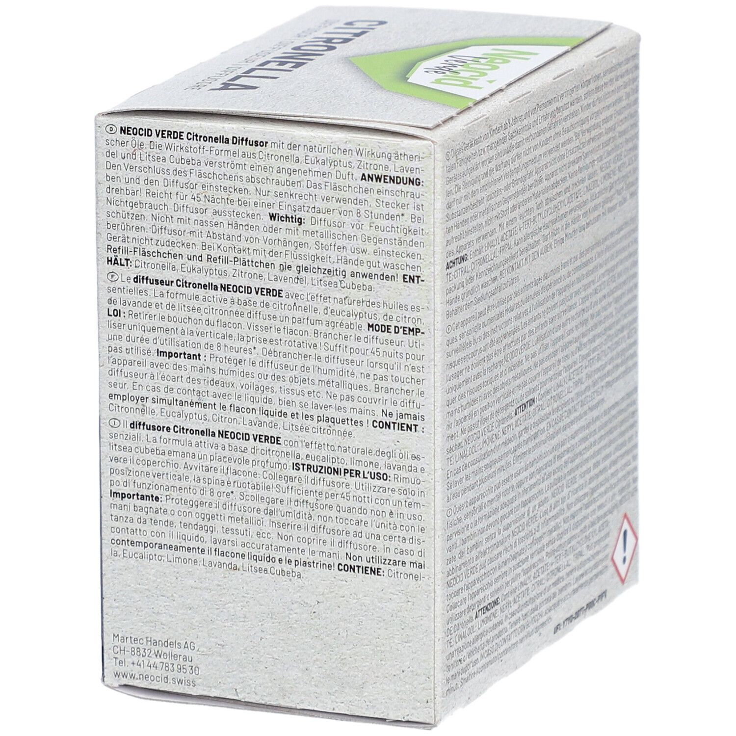 Seite der Verpackung von NEOCID VERDE Citronella Diffusor. Text und Warnhinweise. Kontaktinformationen.