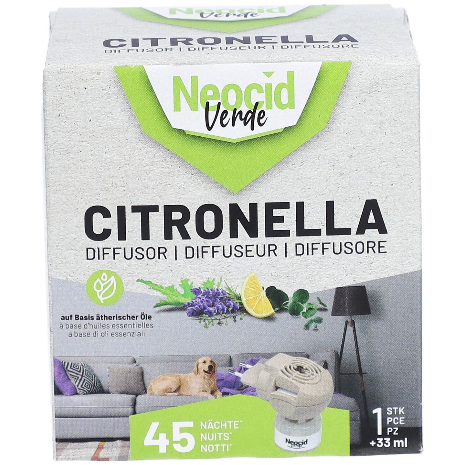 Verpackung von NEOCID VERDE Citronella Diffusor. Enthält Diffusor und Flasche. Text: Citronella, 45 Nächte, 1 Stück, +33 ml.