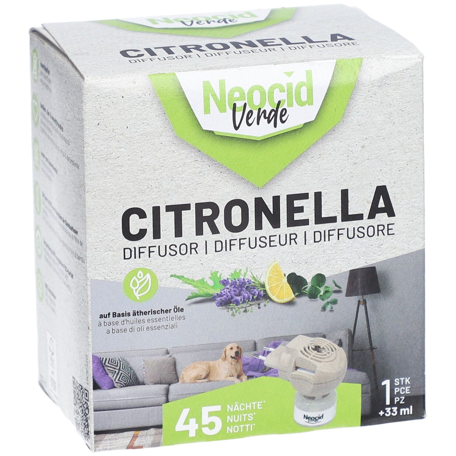 Verpackung von NEOCID VERDE Citronella Diffusor. Enthält Diffusor und Flasche. Text: Citronella, 45 Nächte, 1 Stück, +33 ml.
