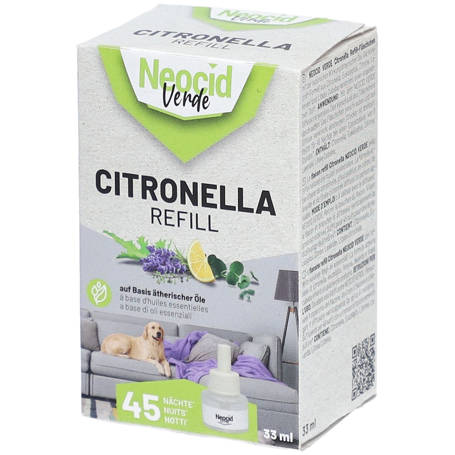 Boîte Citronella Refill. Logo Neocid Verde. Texte: Citronella Refill, 45 nuits. Image: canapé, chien, flacon.