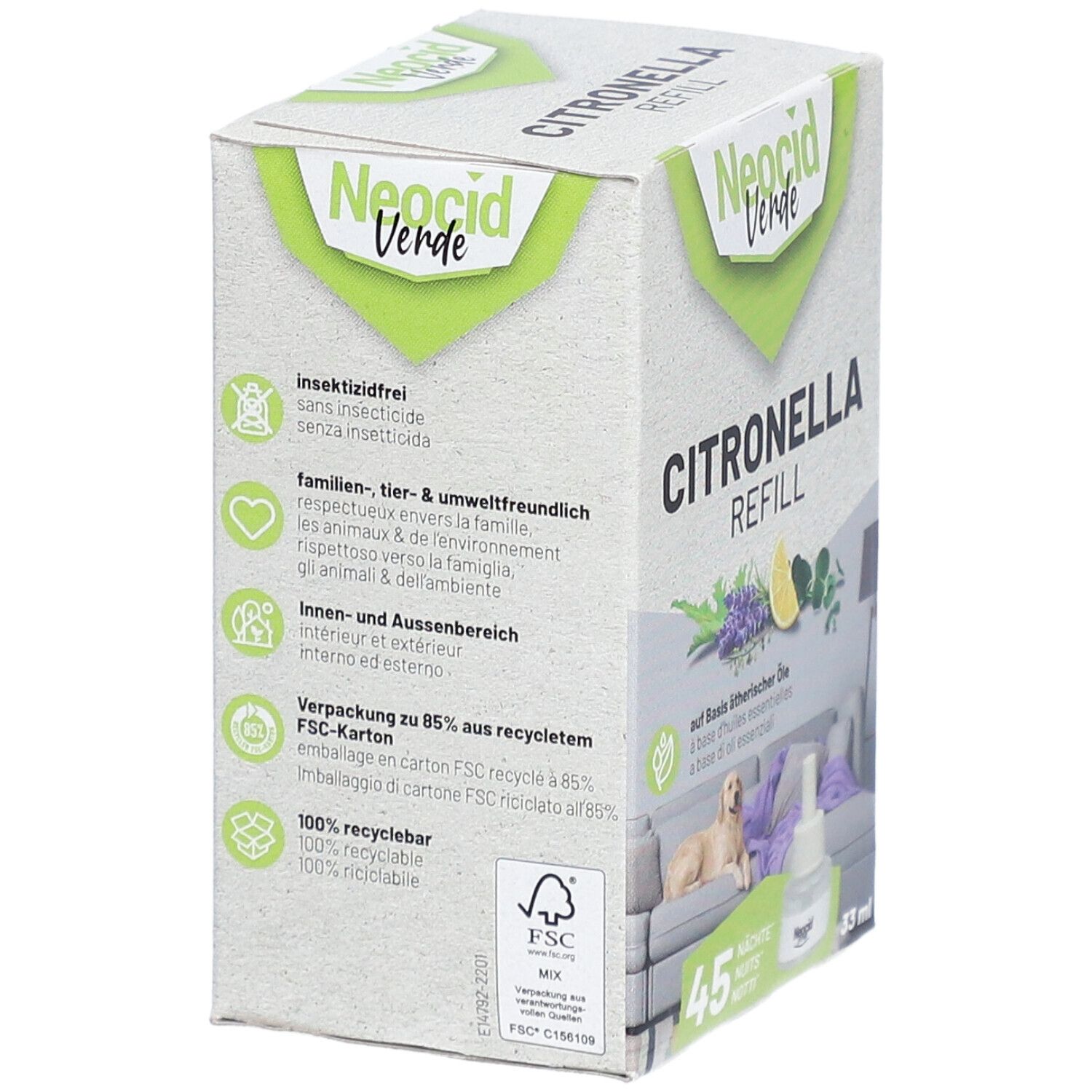 Boîte Citronella Refill. Logo Neocid Verde. Texte: Citronella Refill. Logo FSC. Icônes: sans insecticide, respectueux des animaux, etc.