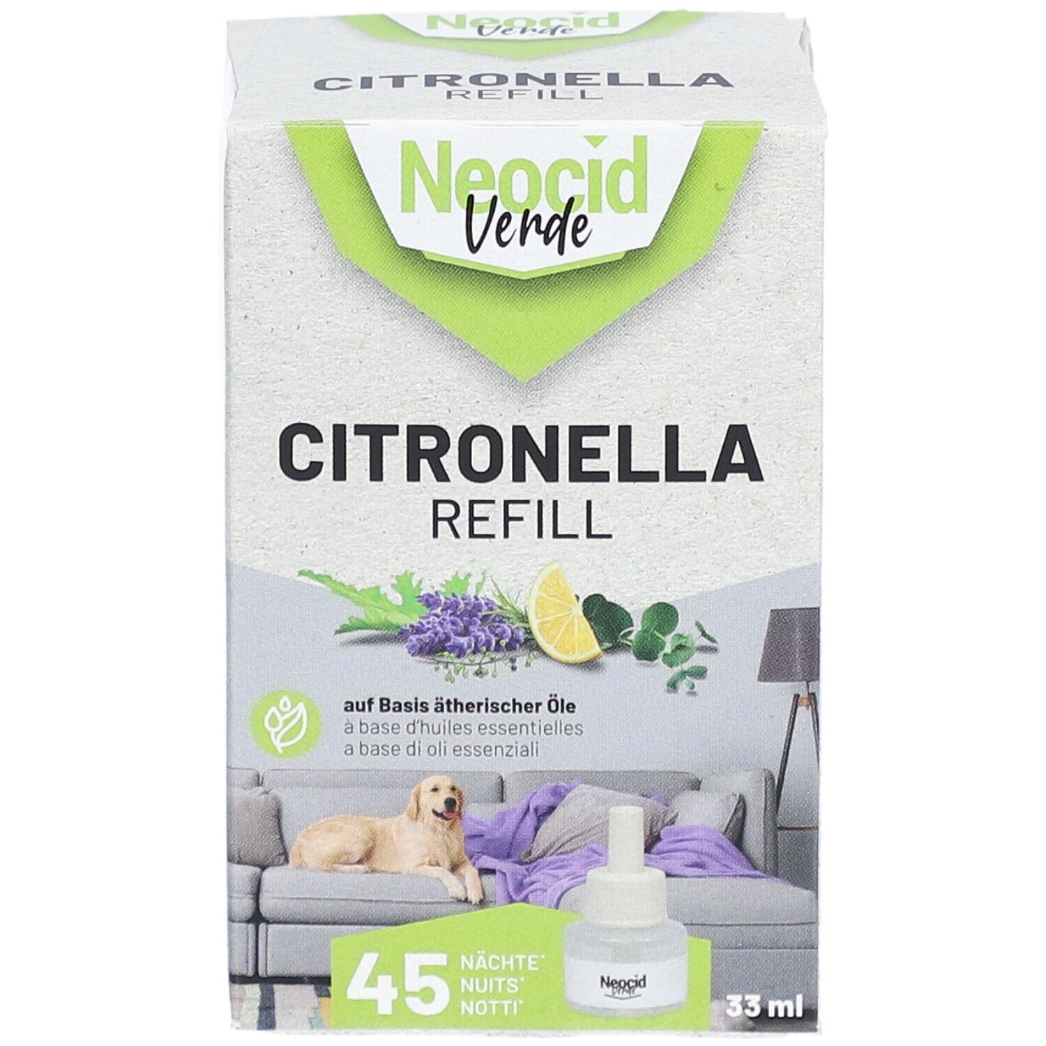 Boîte Citronella Refill. Logo Neocid Verde. Texte: Citronella Refill, 45 nuits. Image: canapé, chien, flacon.