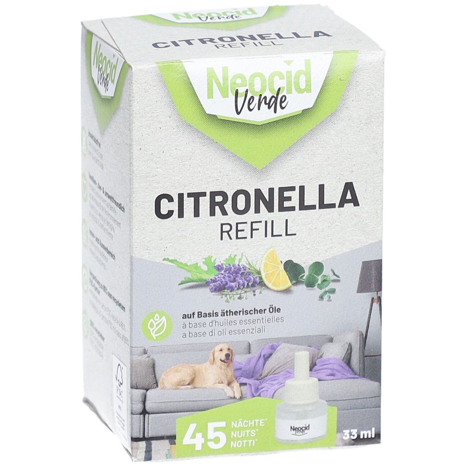Boîte Citronella Refill. Logo Neocid Verde. Texte: Citronella Refill, 45 nuits. Image: canapé, chien, flacon.