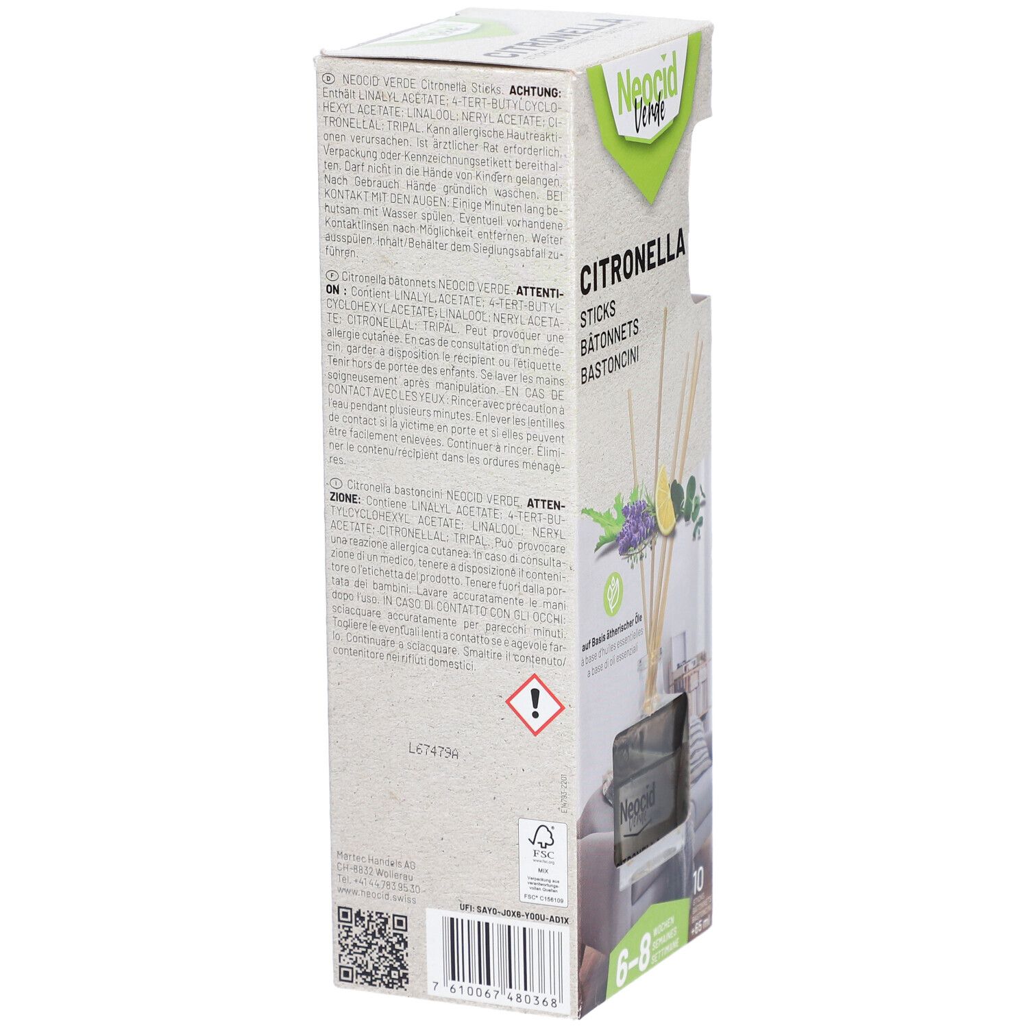 Rückseite der Produktverpackung. Text mit Inhaltsstoffen, Warnhinweisen und QR-Code. Marke: Neocid Verde. FSC-Logo.