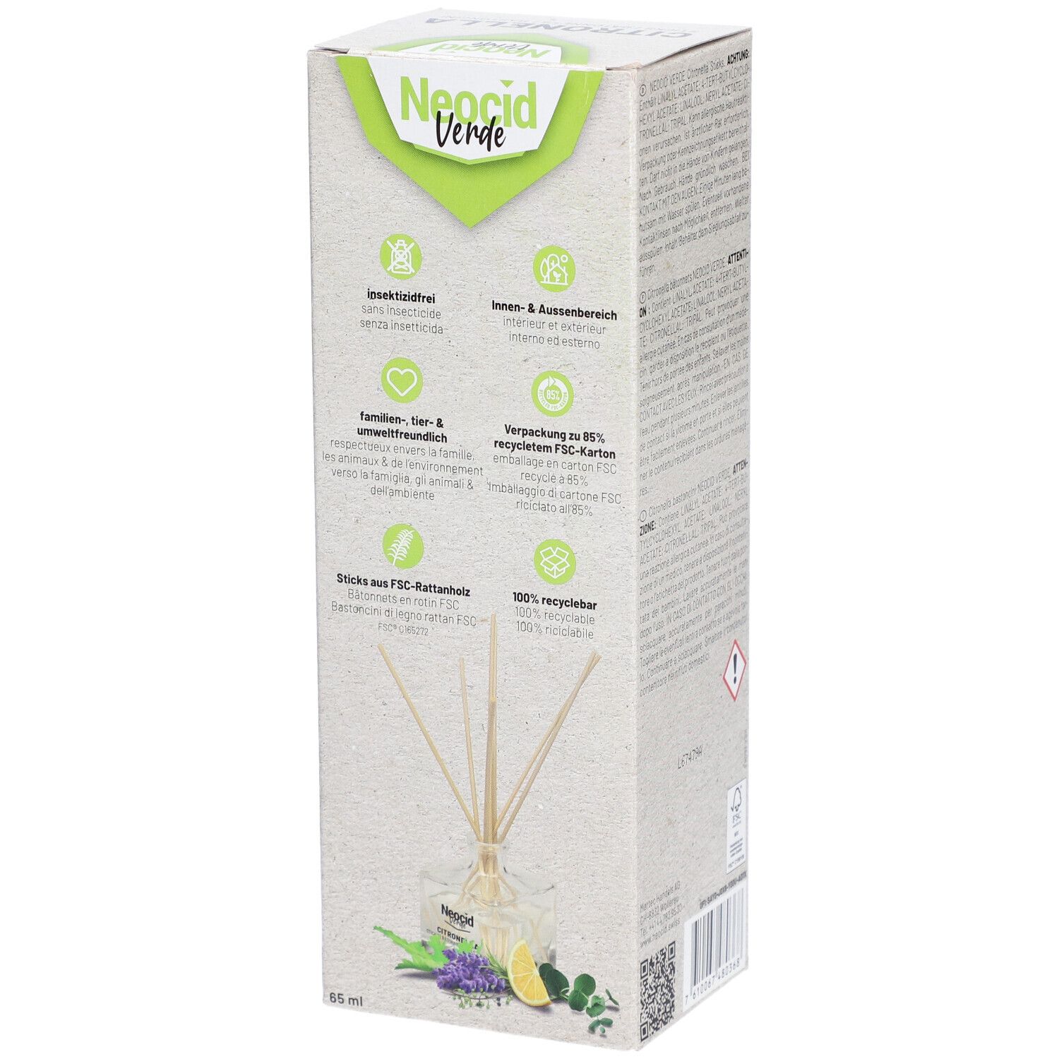 Seite der Produktverpackung. Text mit Informationen zu Eigenschaften und Nachhaltigkeit. FSC-Logo. Marke: Neocid Verde.