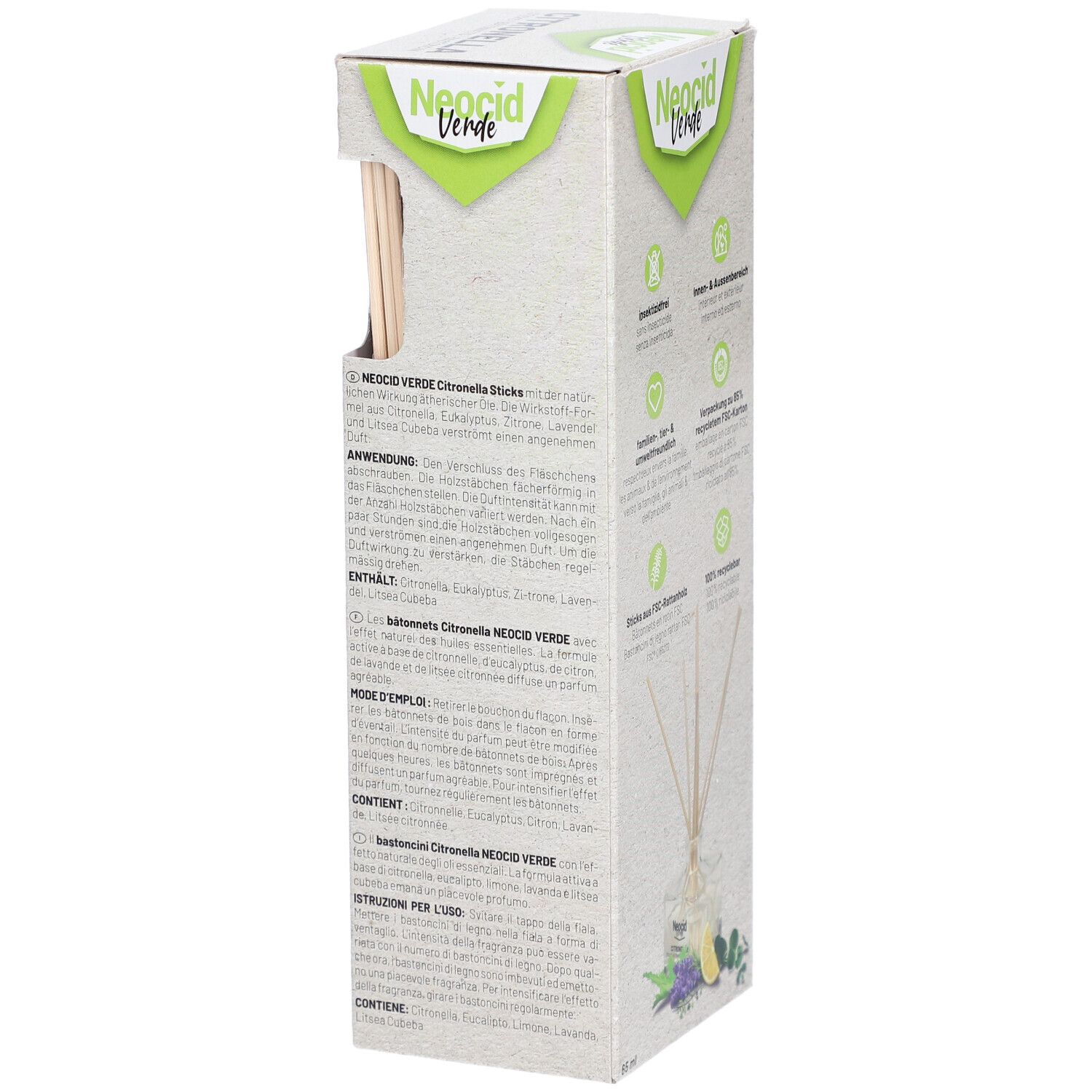 Seite der Produktverpackung. Text mit Anwendungshinweisen und Inhaltsstoffen. Marke: Neocid Verde. FSC-Logo.