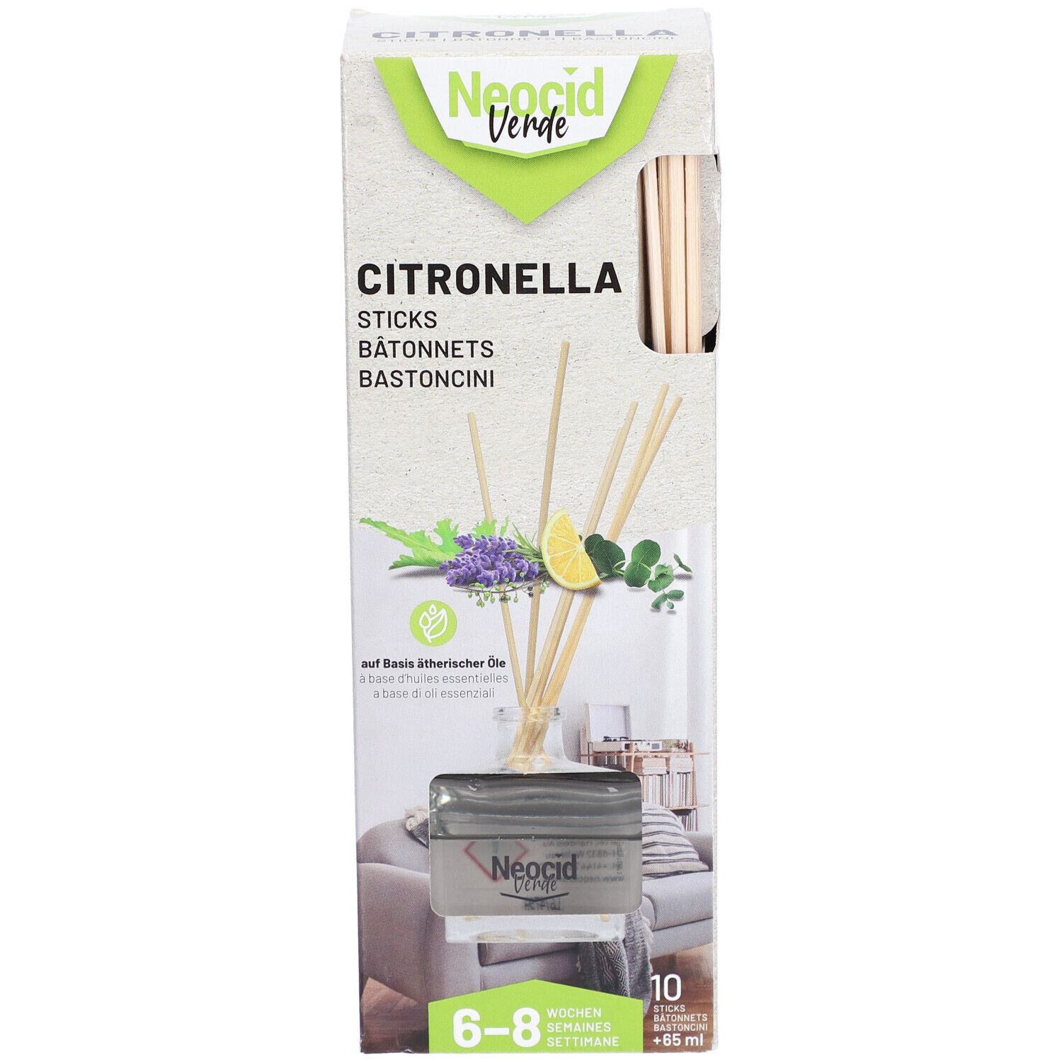 Produktverpackung mit Citronella-Sticks. Sichtbar: Produkt, Holzstäbchen, Illustrationen von Kräutern und Zitrone. Marke: Neocid Verde.