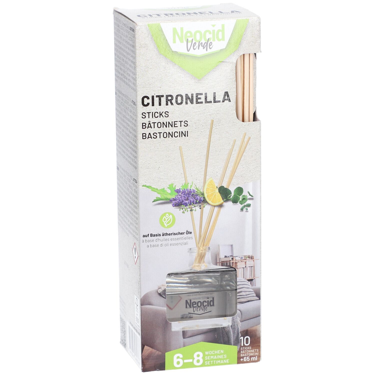 Produktverpackung mit Citronella-Sticks. Sichtbar: Produkt, Holzstäbchen, Illustrationen von Kräutern und Zitrone. Marke: Neocid Verde.