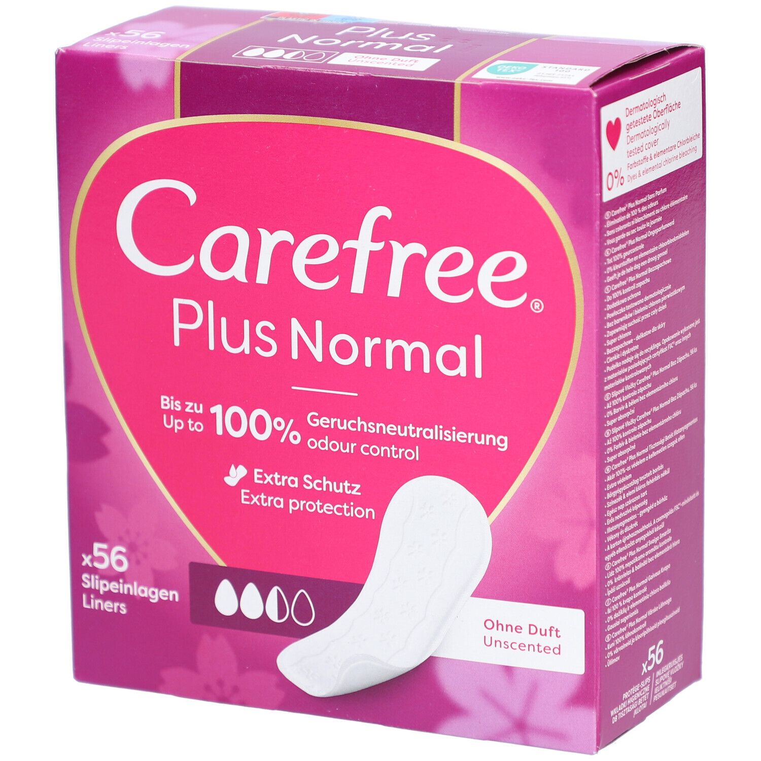 Verpackung von Carefree Plus Normal Slipeinlagen. Rosa-weißes Design mit Produktinformationen und einer Slipeinlage.