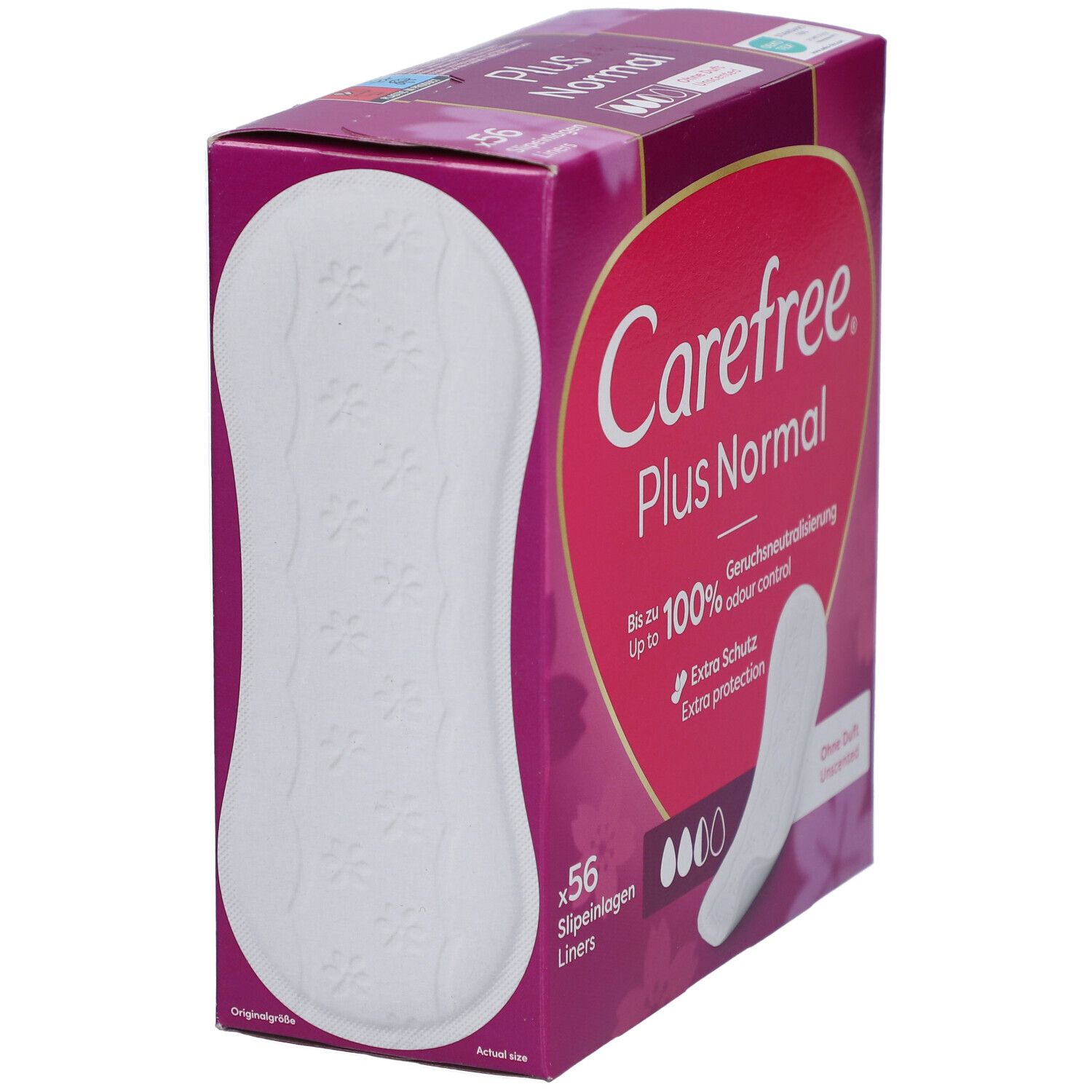 Schrägansicht der Carefree Plus Normal Verpackung. Zeigt ein einzelnes Slipeinlagen-Modell und Produktinformationen.
