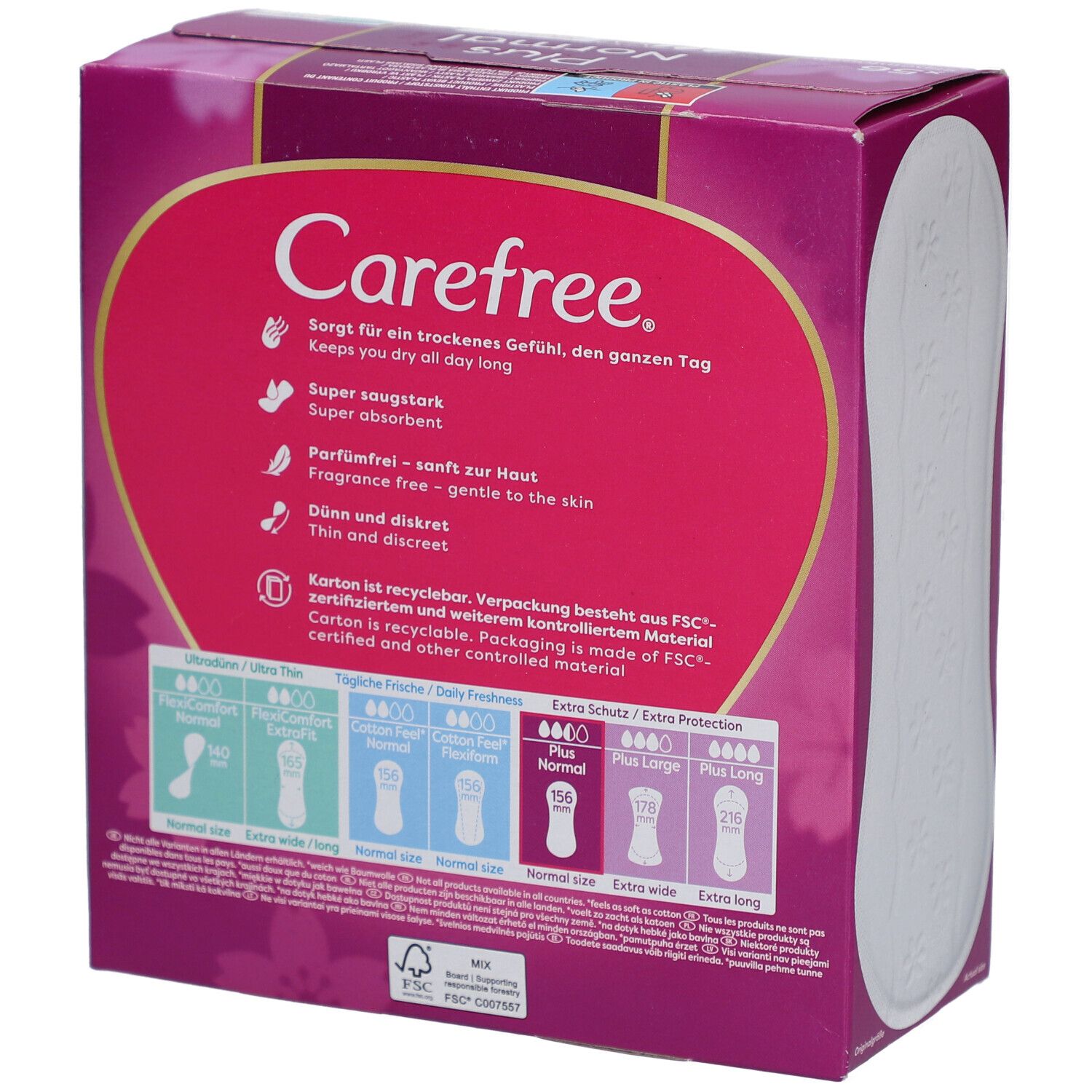 Rückseite der Carefree Verpackung. Enthält Produktinformationen, Illustrationen und Text in verschiedenen Sprachen.