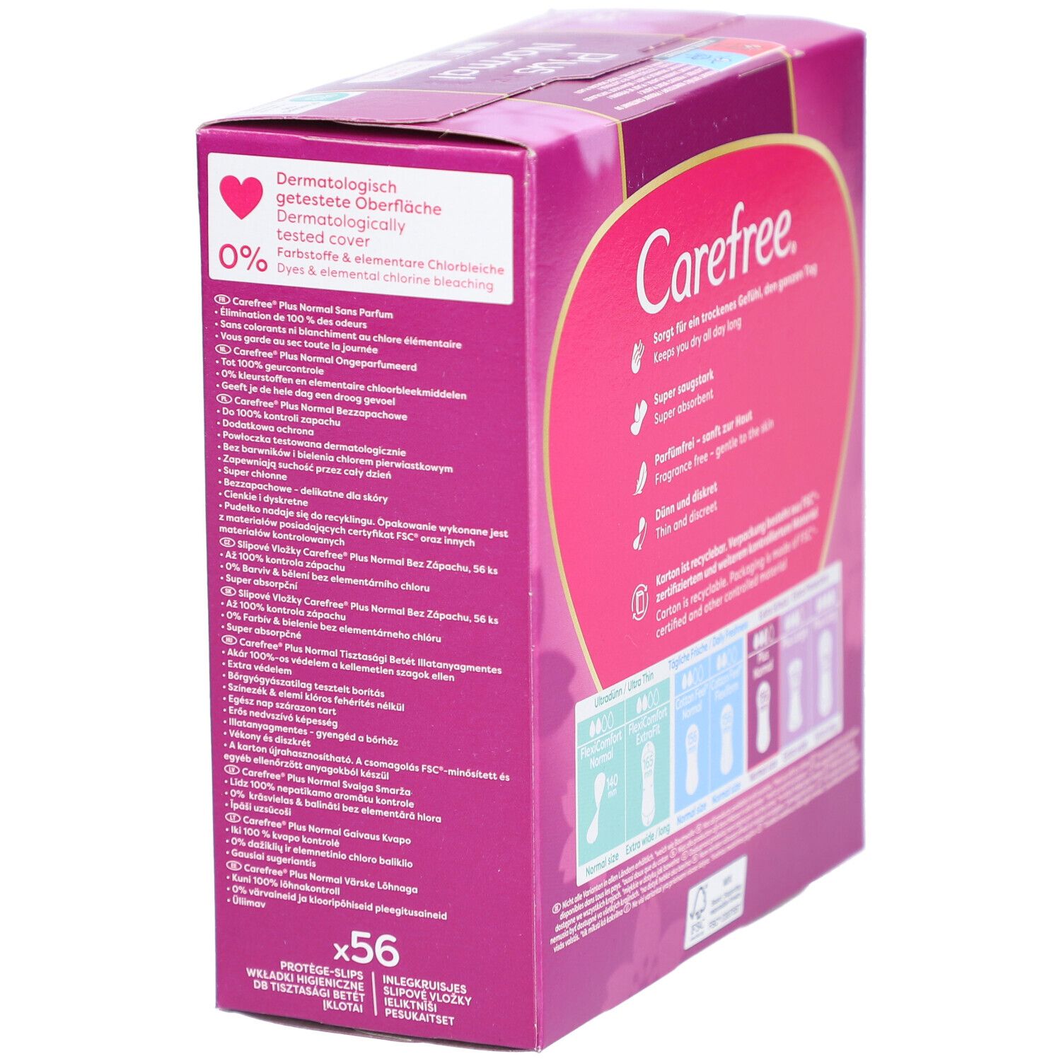 Carefree Verpackung mit Produktinformationen und Text. Enthält auch Informationen über dermatologische Tests.