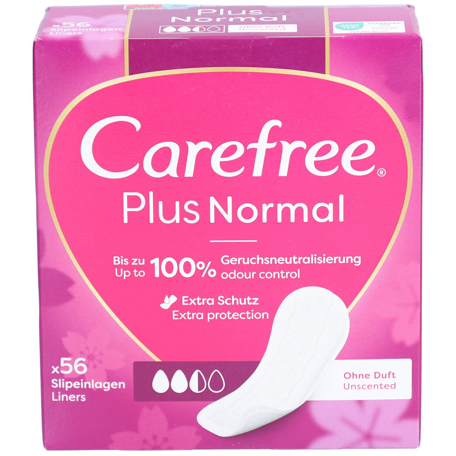 Carefree Plus Normal Verpackung. Rosa-weißes Design mit Produktinformationen und einer Slipeinlage.