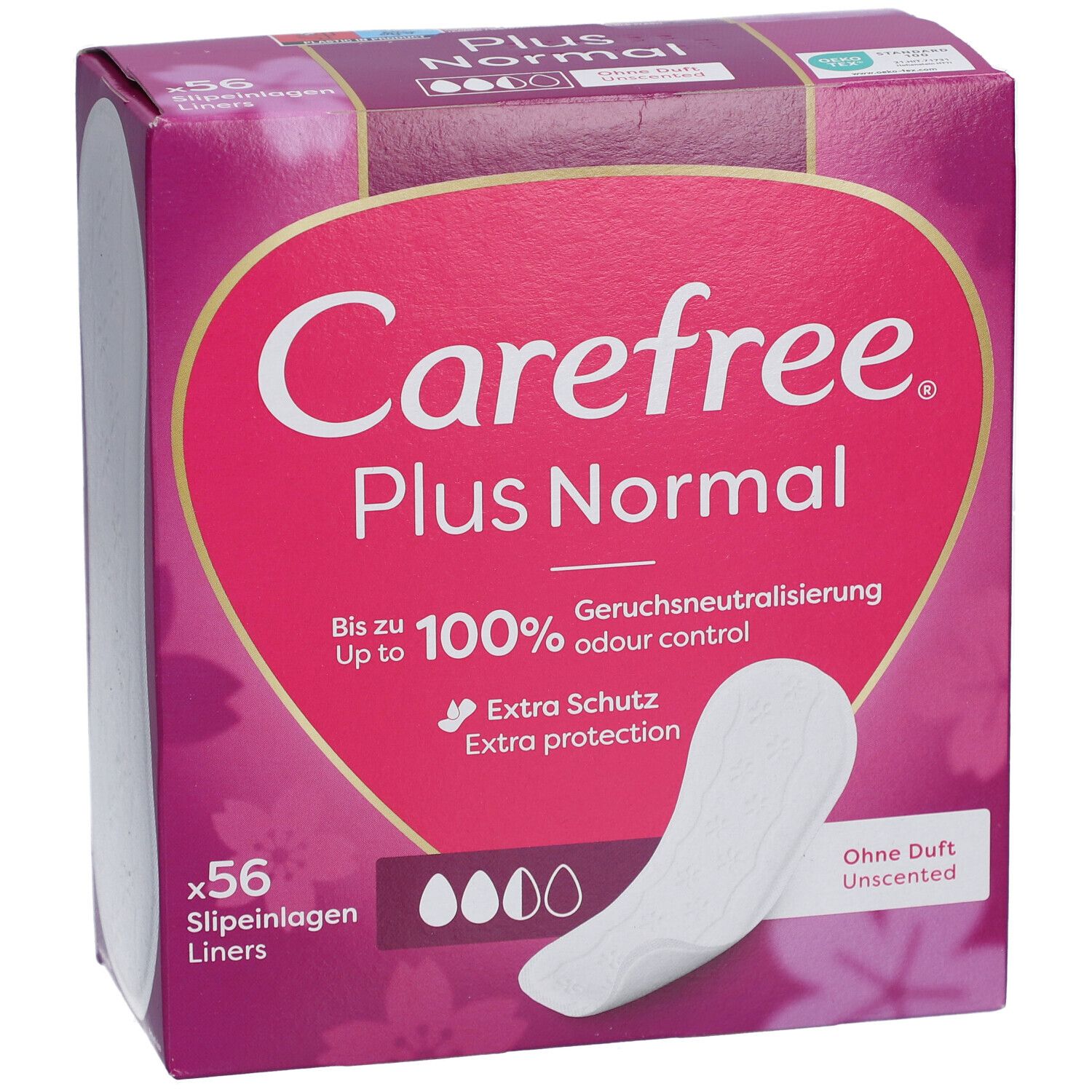 Carefree Plus Normal Verpackung. Rosa-weißes Design mit Produktinformationen und einer Slipeinlage.