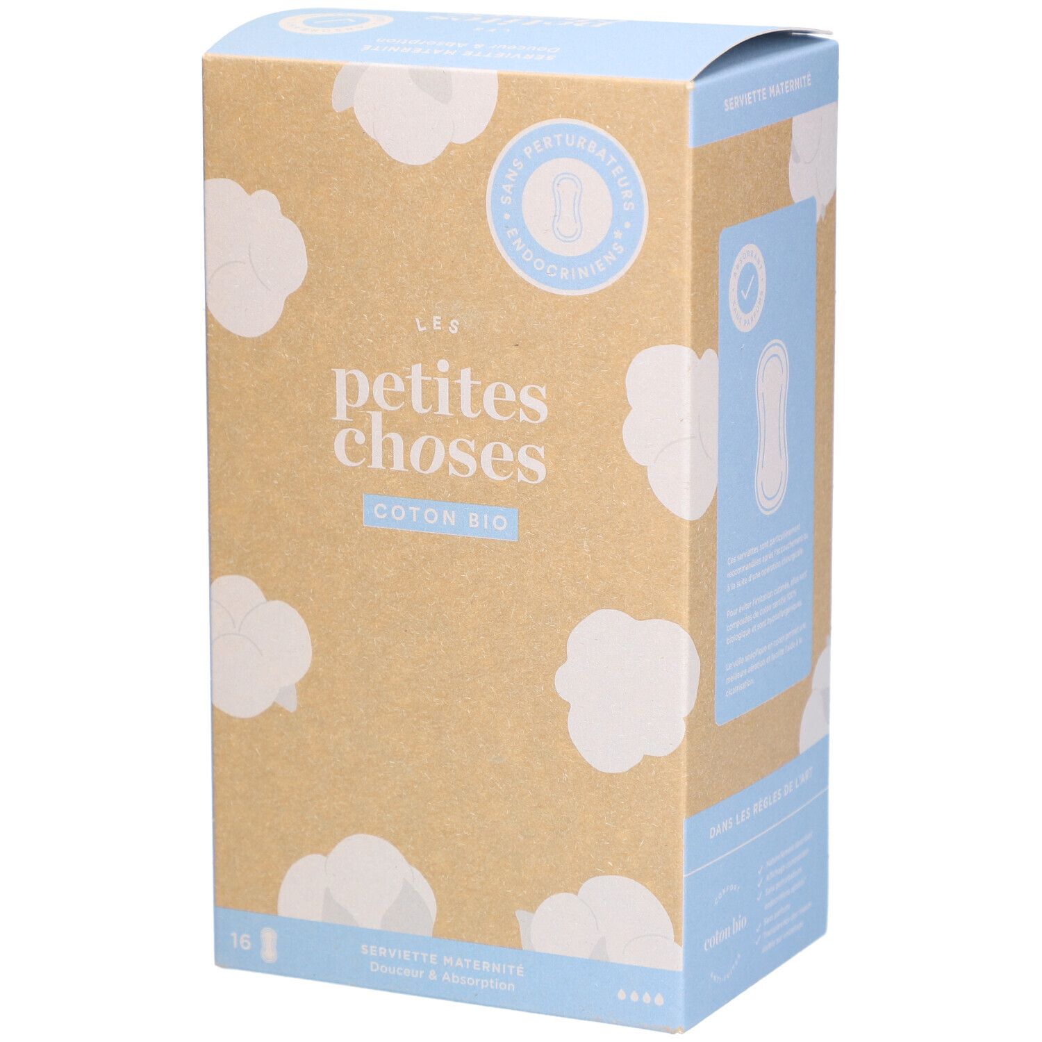 Kartonverpackung mit Produktabbildung. Aufschrift: LES PETITES CHOSES, Coton Bio. Zertifizierungen und Produktinformationen.