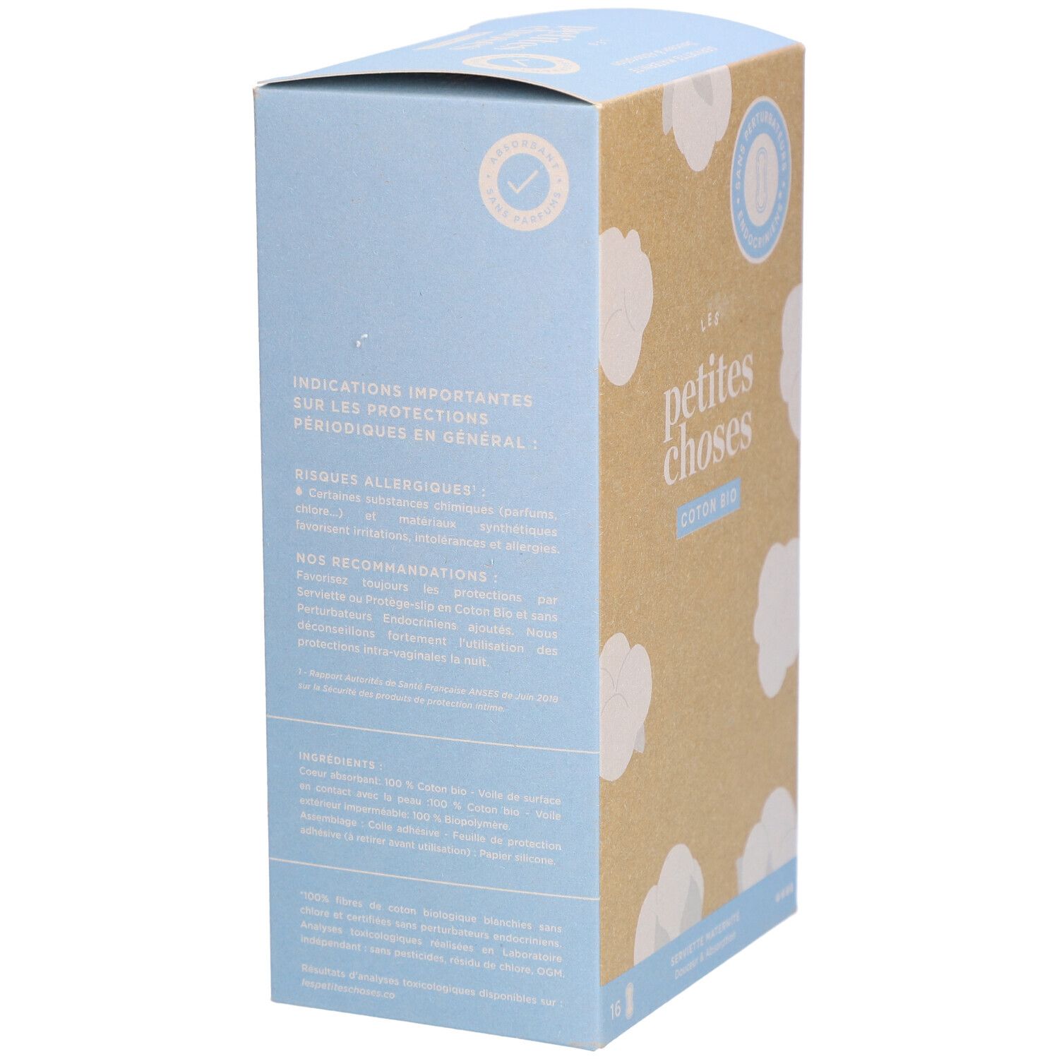 Seitenansicht der Kartonverpackung. Text: LES PETITES CHOSES, Coton Bio. Produktinformationen, Inhaltsstoffe und Zertifizierungen.