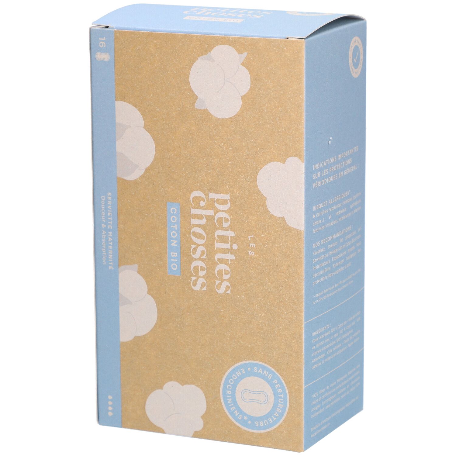 Kartonverpackung mit Produktabbildung. Aufschrift: LES PETITES CHOSES, Coton Bio. Produktinformationen und Zertifizierungen.