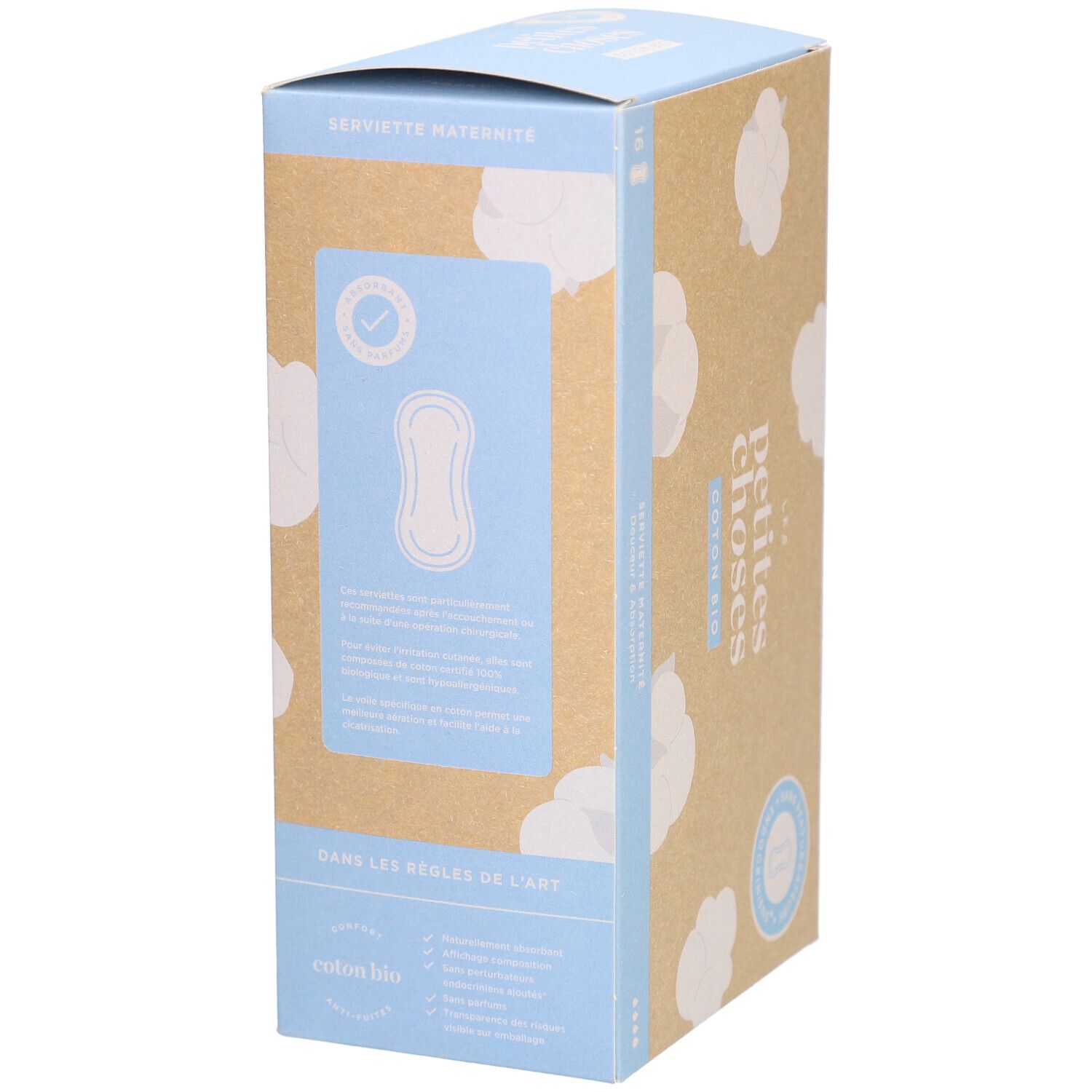 Seitenansicht der Kartonverpackung. Aufschrift: LES PETITES CHOSES, Coton Bio. Produktinformationen und Zertifizierungen.